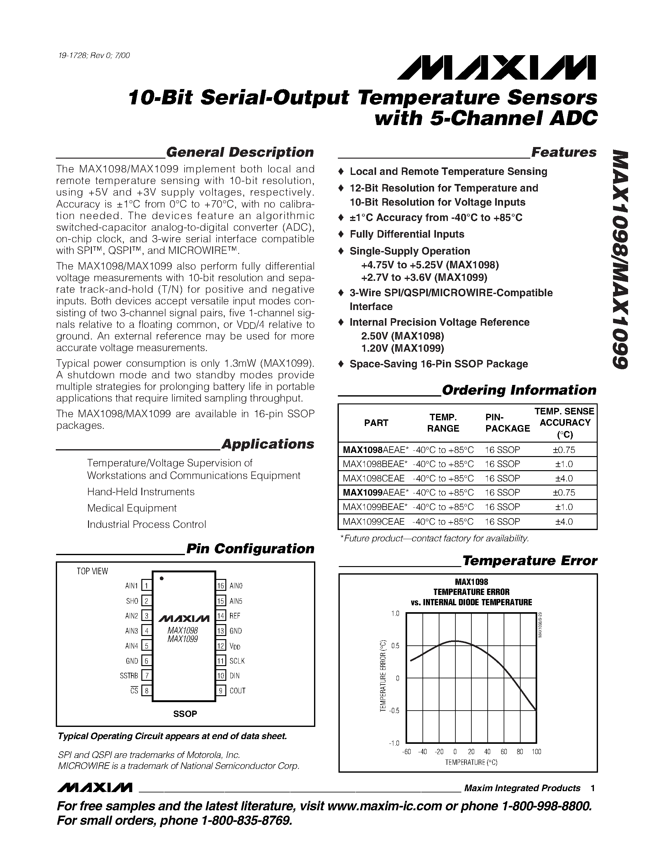 Datasheet MAX1098 - 10-Bit Serial-Output Temperature Sensors with 5-Channel ADC page 1