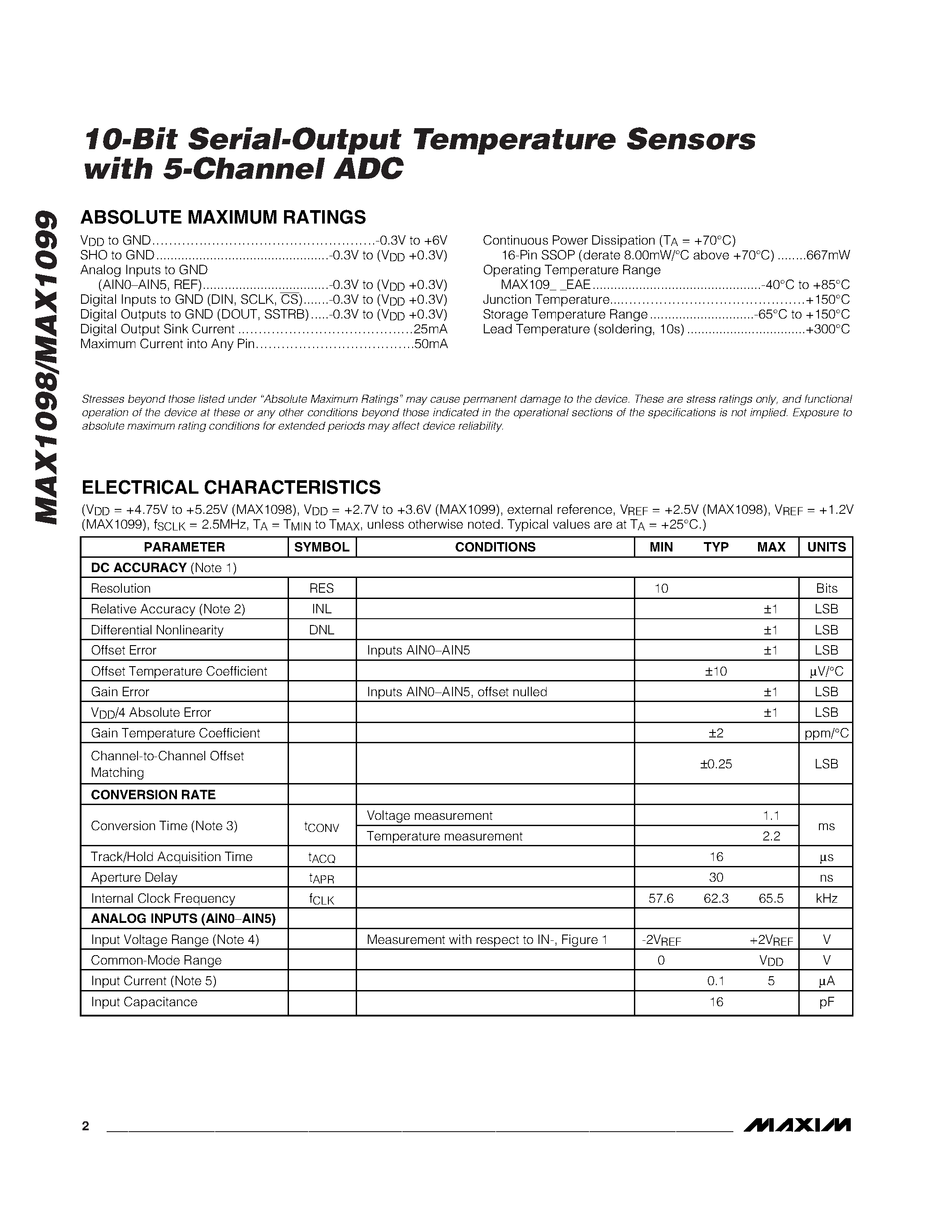 Datasheet MAX1099AEAE - 10-Bit Serial-Output Temperature Sensors with 5-Channel ADC page 2