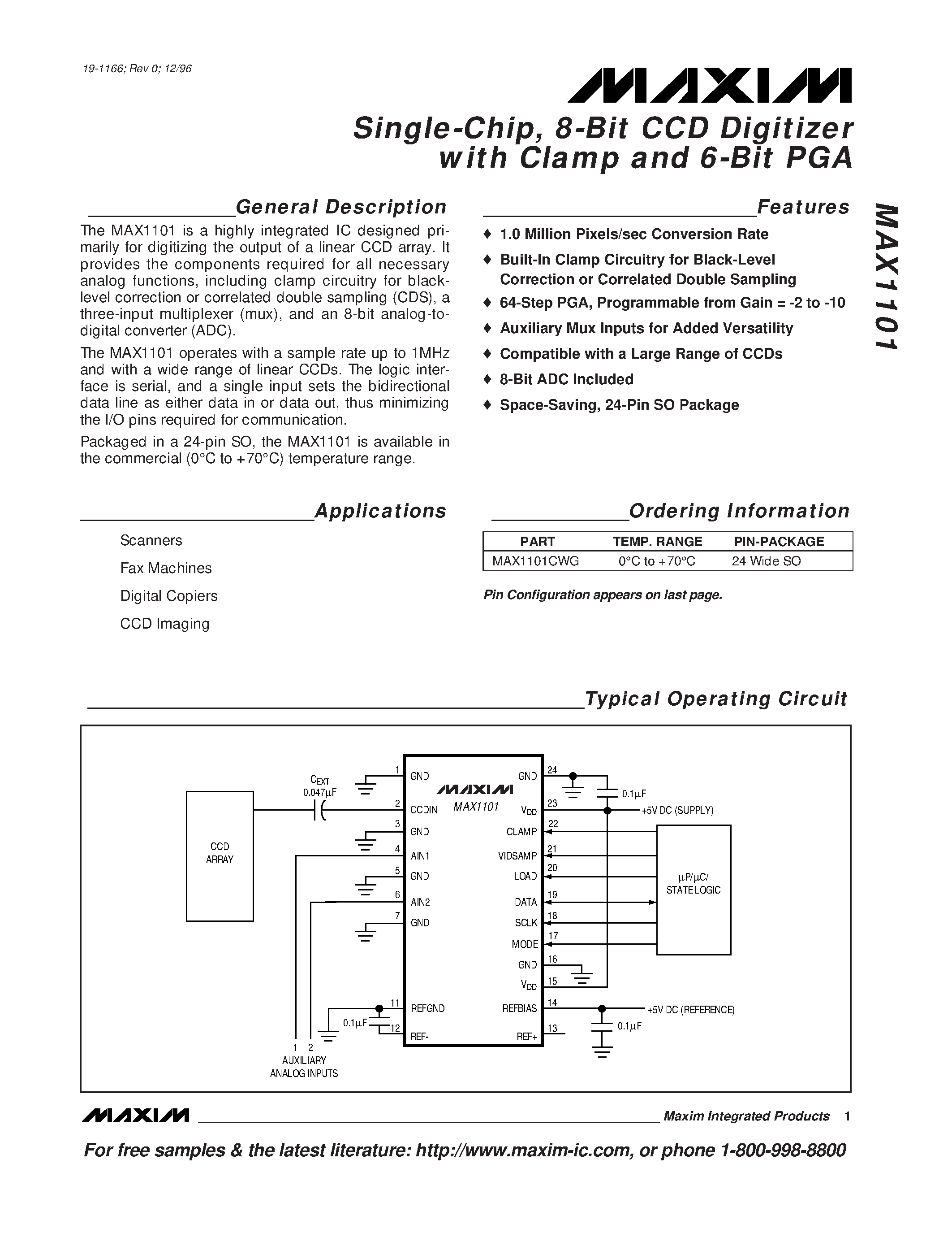 Datasheet MAX1101 - Single-Chip / 8-Bit CCD Digitizer with Clamp and 6-Bit PGA page 1