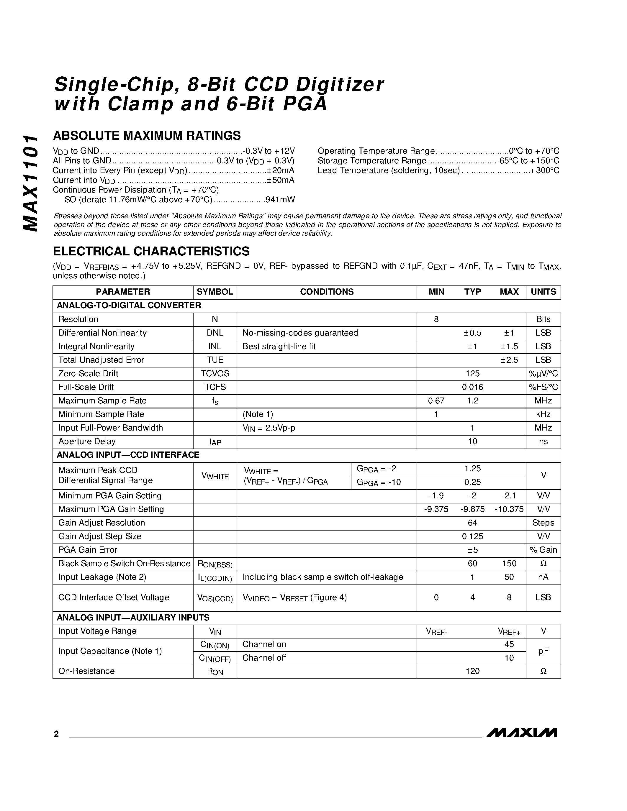 Datasheet MAX1101 - Single-Chip / 8-Bit CCD Digitizer with Clamp and 6-Bit PGA page 2