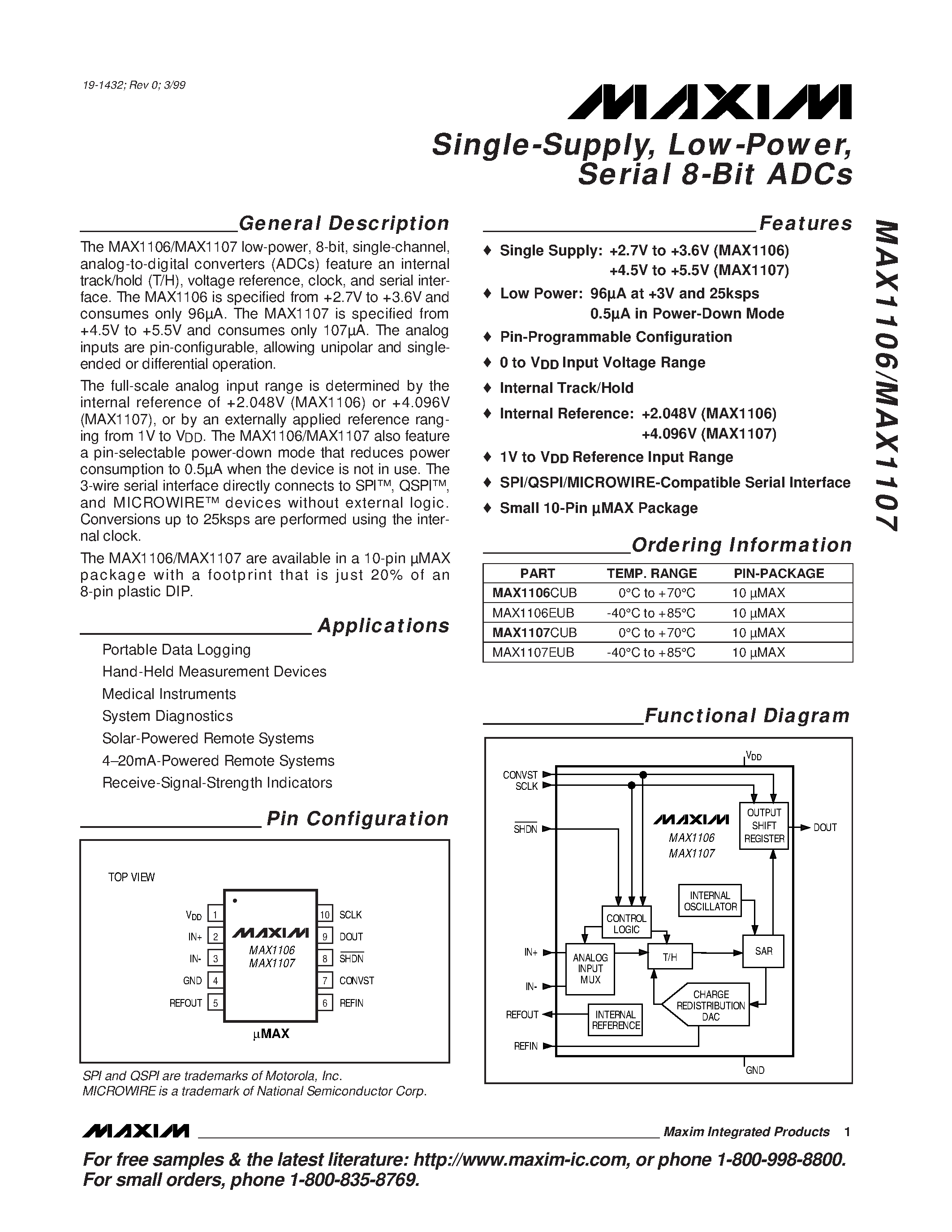 Даташит MAX1106EUB - Single-Supply / Low-Power / Serial 8-Bit ADCs страница 1