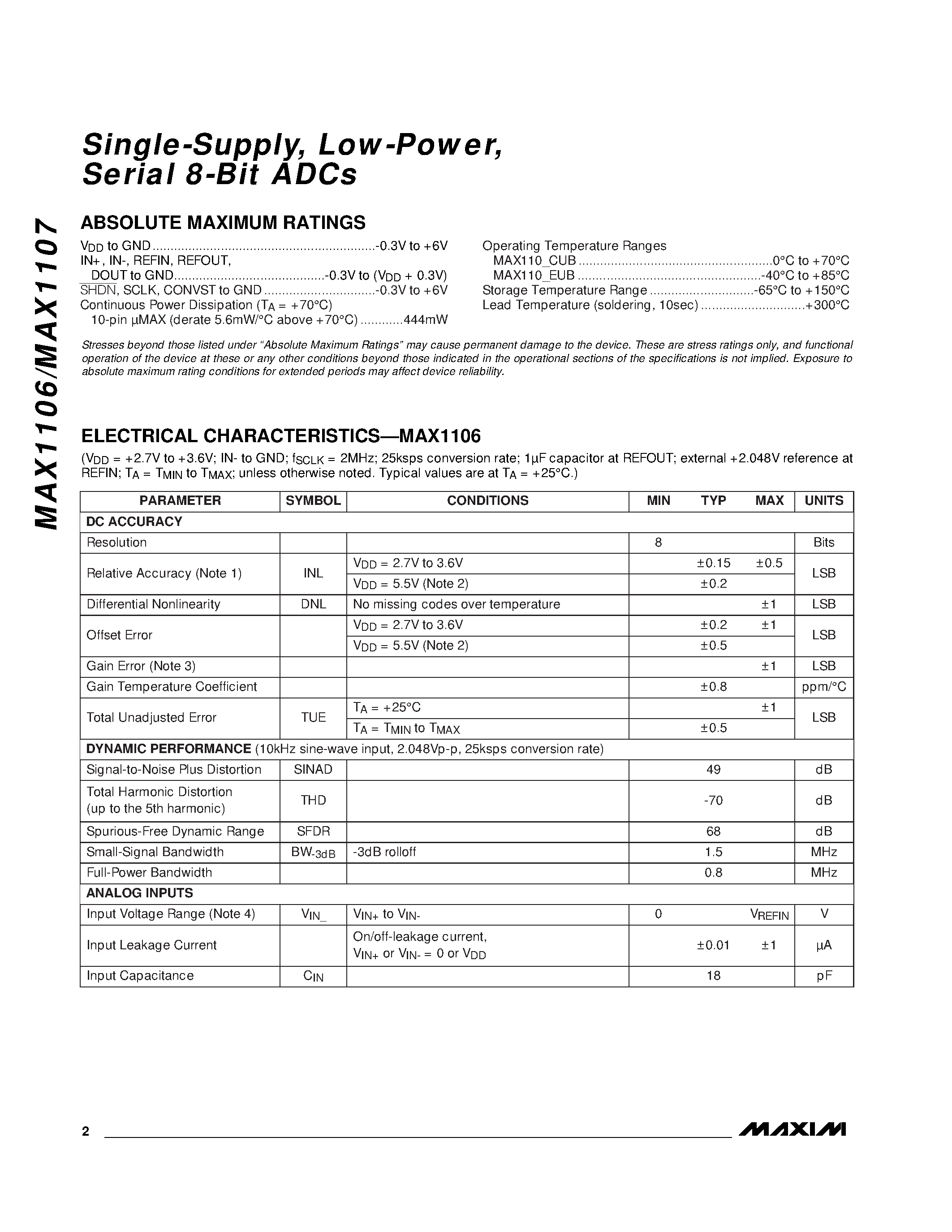 Даташит MAX1106EUB - Single-Supply / Low-Power / Serial 8-Bit ADCs страница 2