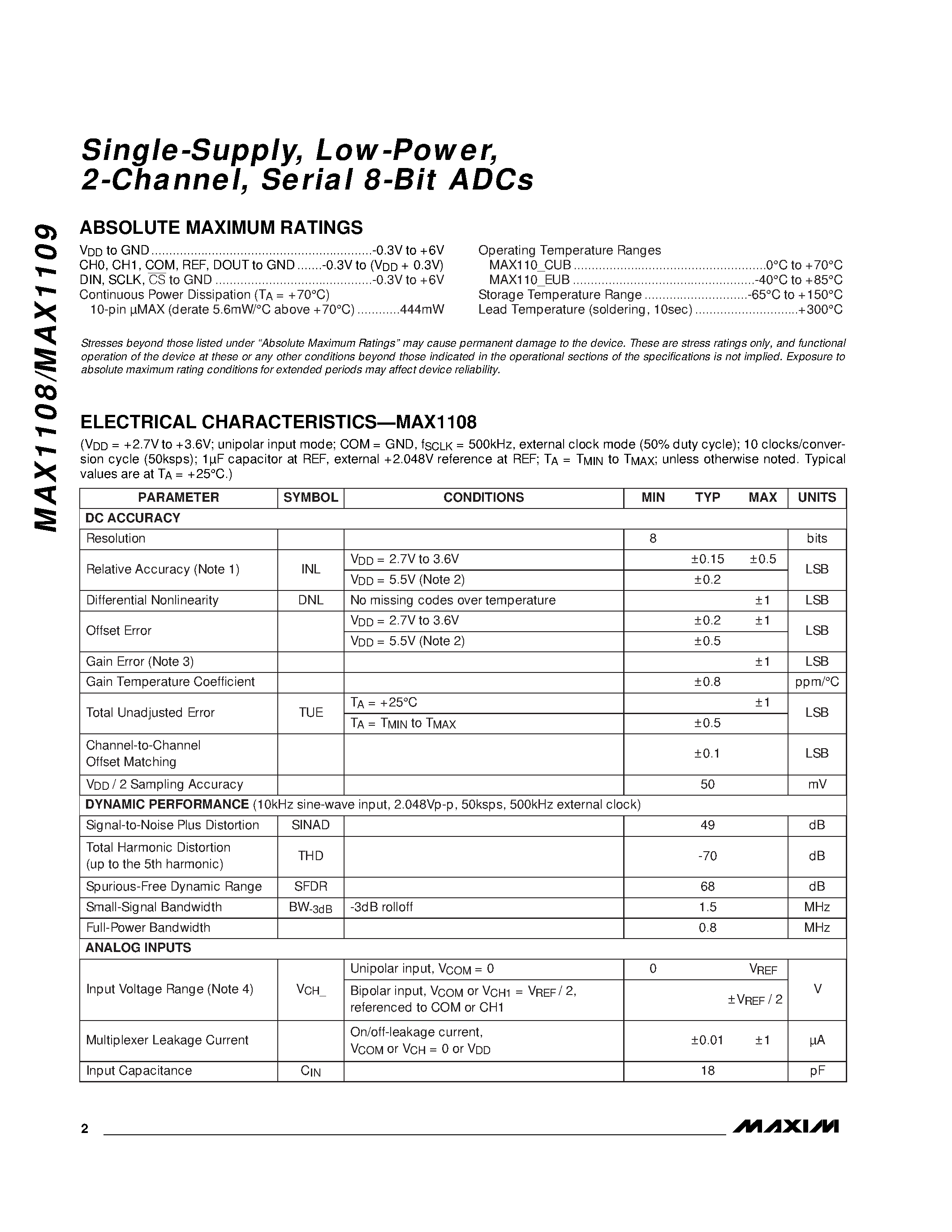 Даташит MAX1108 - Single-Supply / Low-Power / 2-Channel / Serial 8-Bit ADCs страница 2