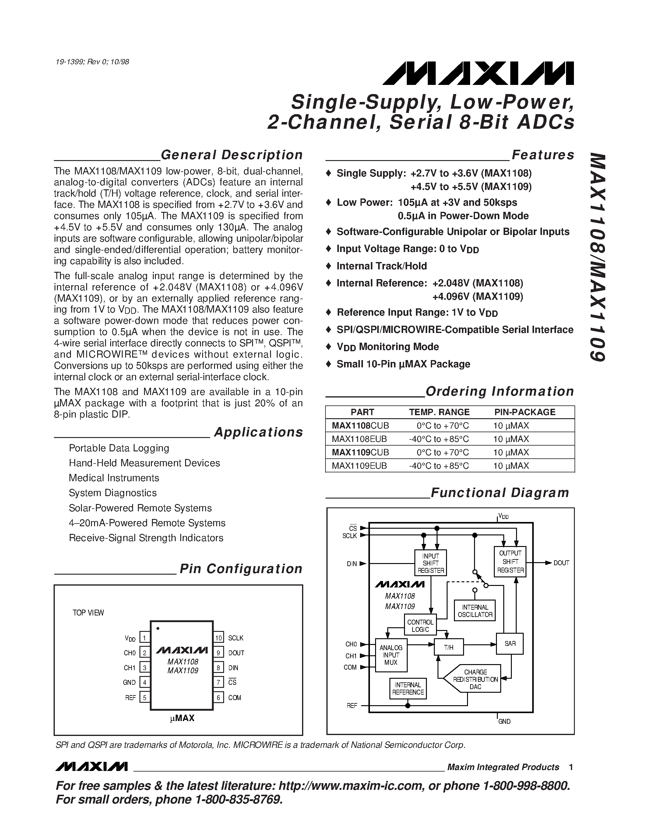 Даташит MAX1108-MAX1109 - Single-Supply / Low-Power / 2-Channel / Serial 8-Bit ADCs страница 1
