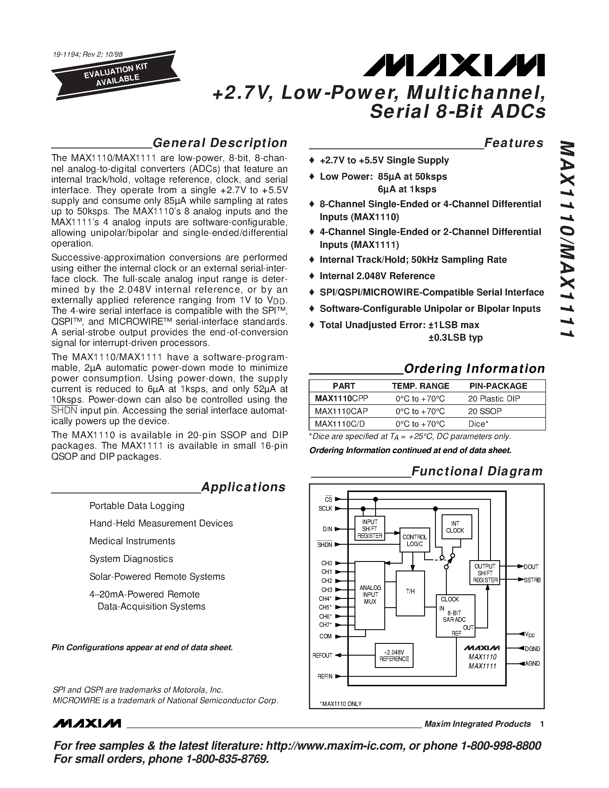 Даташит MAX1110EPP - +2.7V / Low-Power / Multichannel / Serial 8-Bit ADCs страница 1