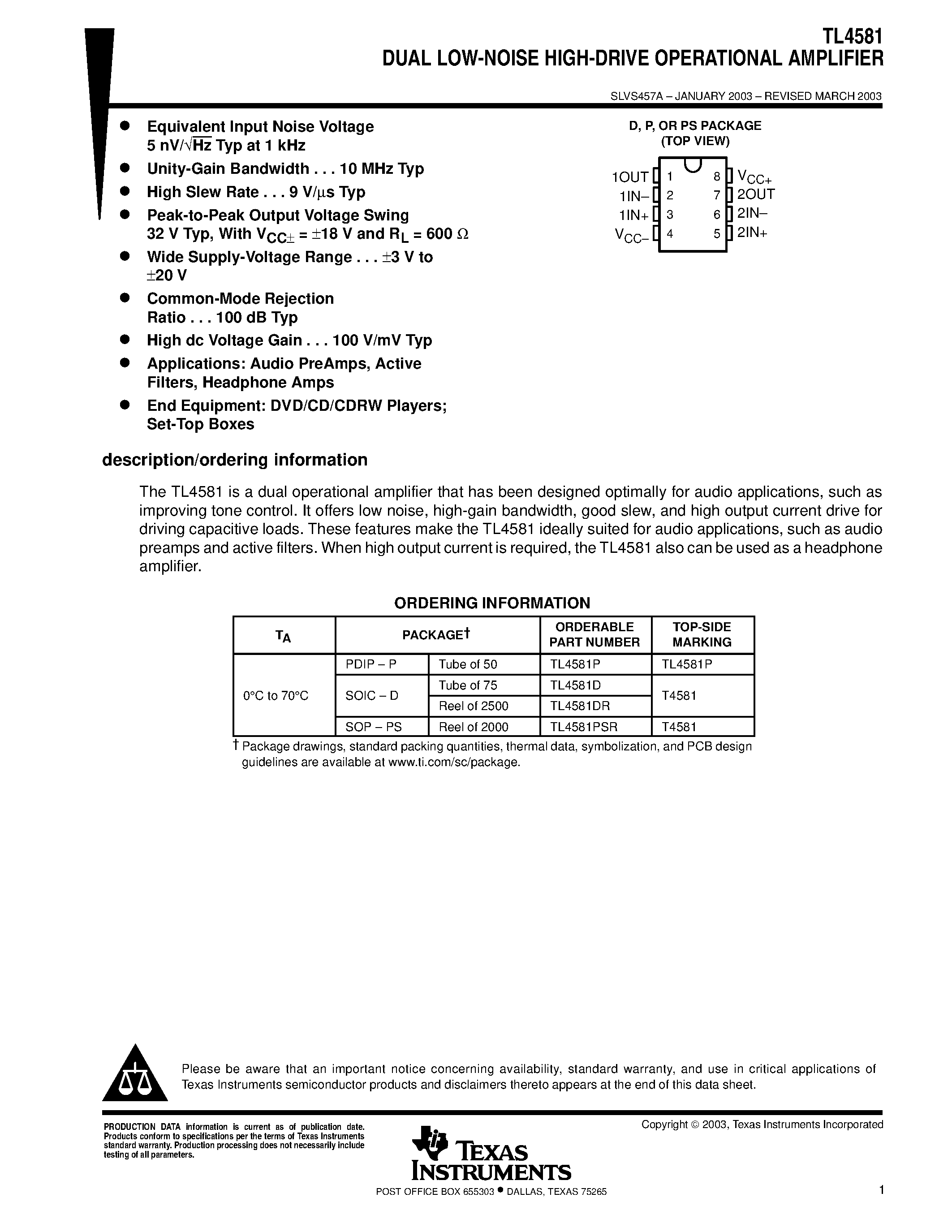 Даташит на микросхему TL4581 страница 1 Даташит TL4581 - DUAL LOW-NOISE HIGH-DRIVE OPERATIONAL AMPLIFIER страница 1