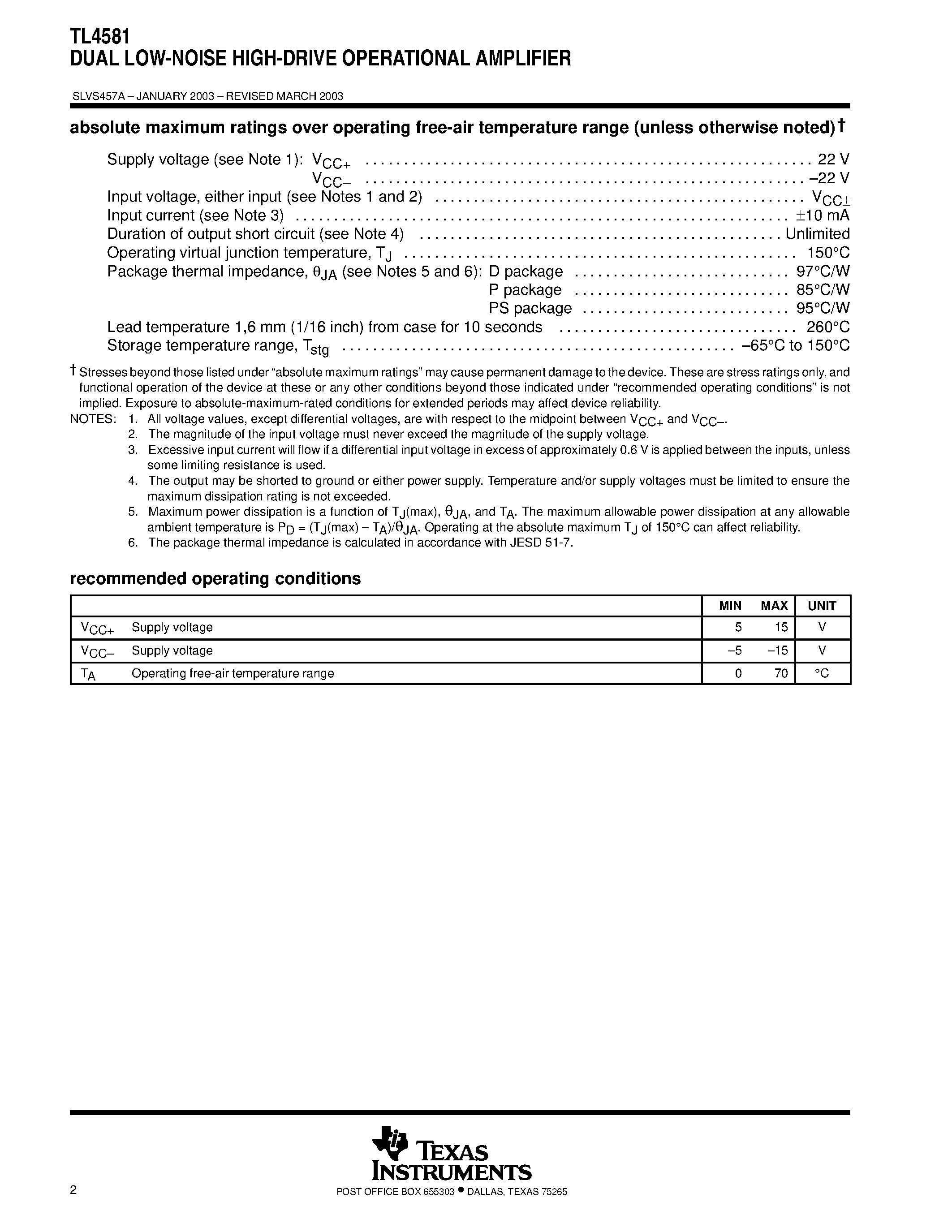 Даташит на микросхему TL4581 страница 2 Даташит TL4581 - DUAL LOW-NOISE HIGH-DRIVE OPERATIONAL AMPLIFIER страница 2