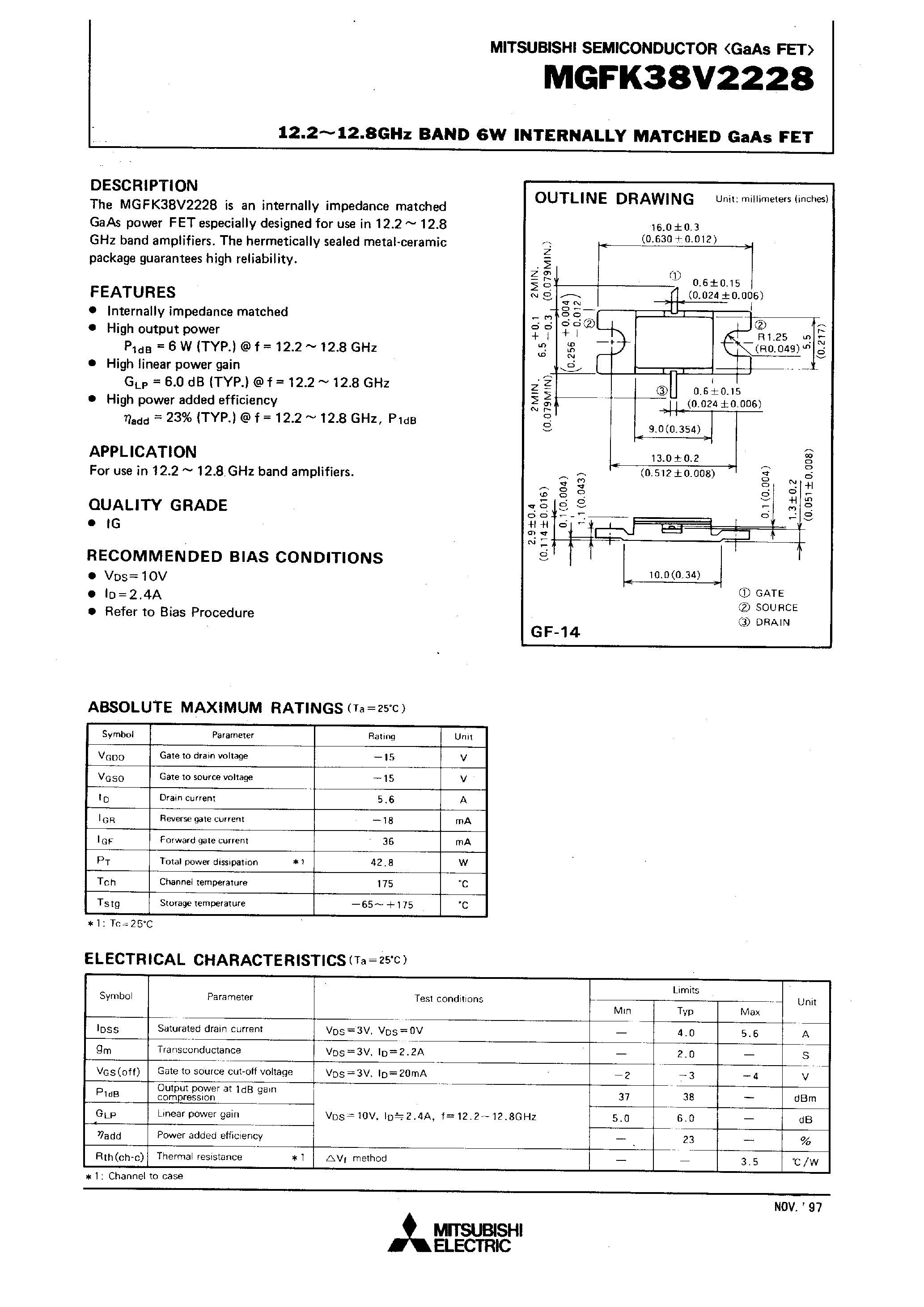 Datasheet MGFK38V2228 - 12.2-12.8GHz BAND 6W INTERNALLY MATCHED GaAs FET page 1