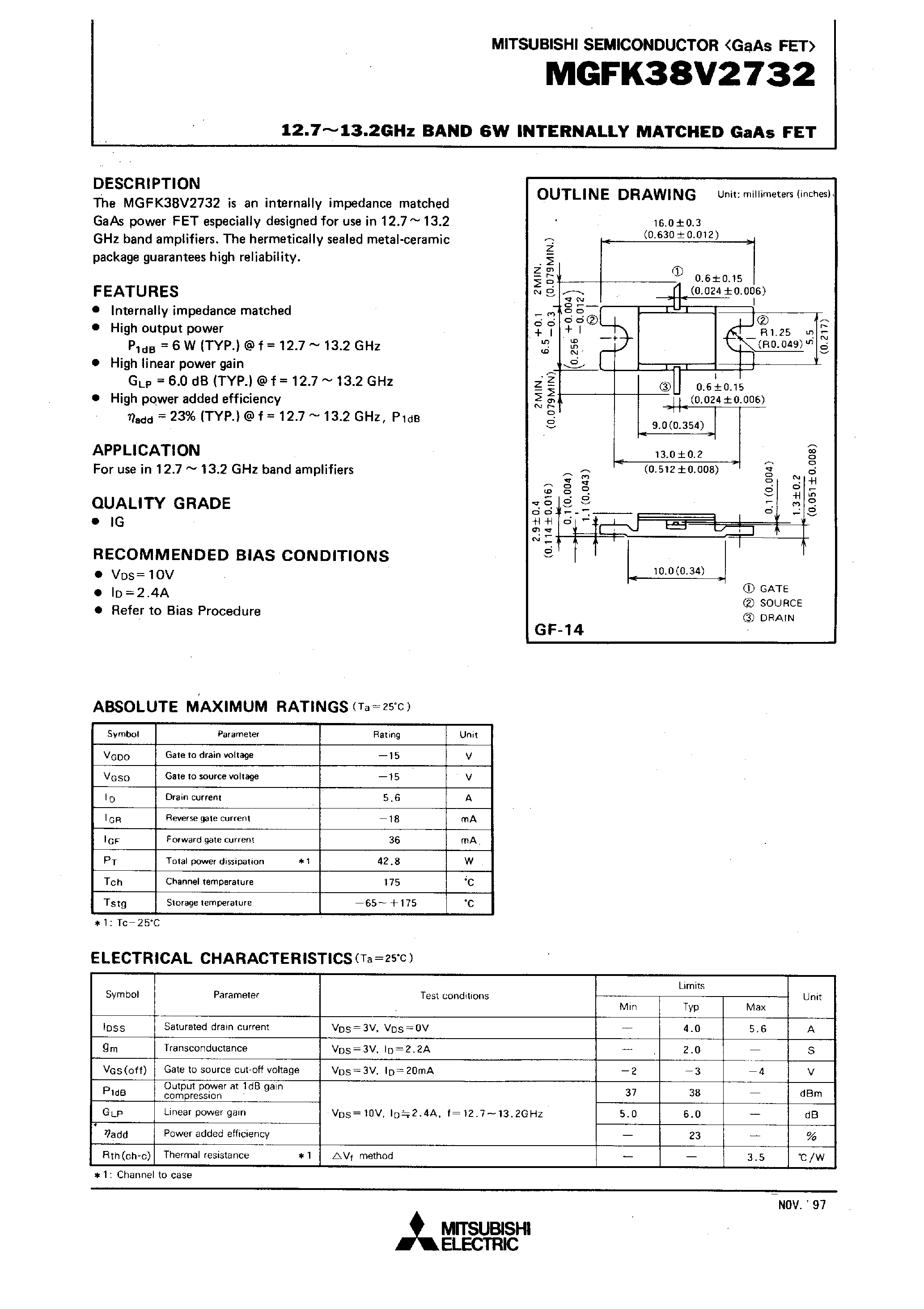 Даташит MGFK38V2732 - 12.7-13.2GHz BAND 6W INTERNALLY MATCHED GaAs FET страница 1