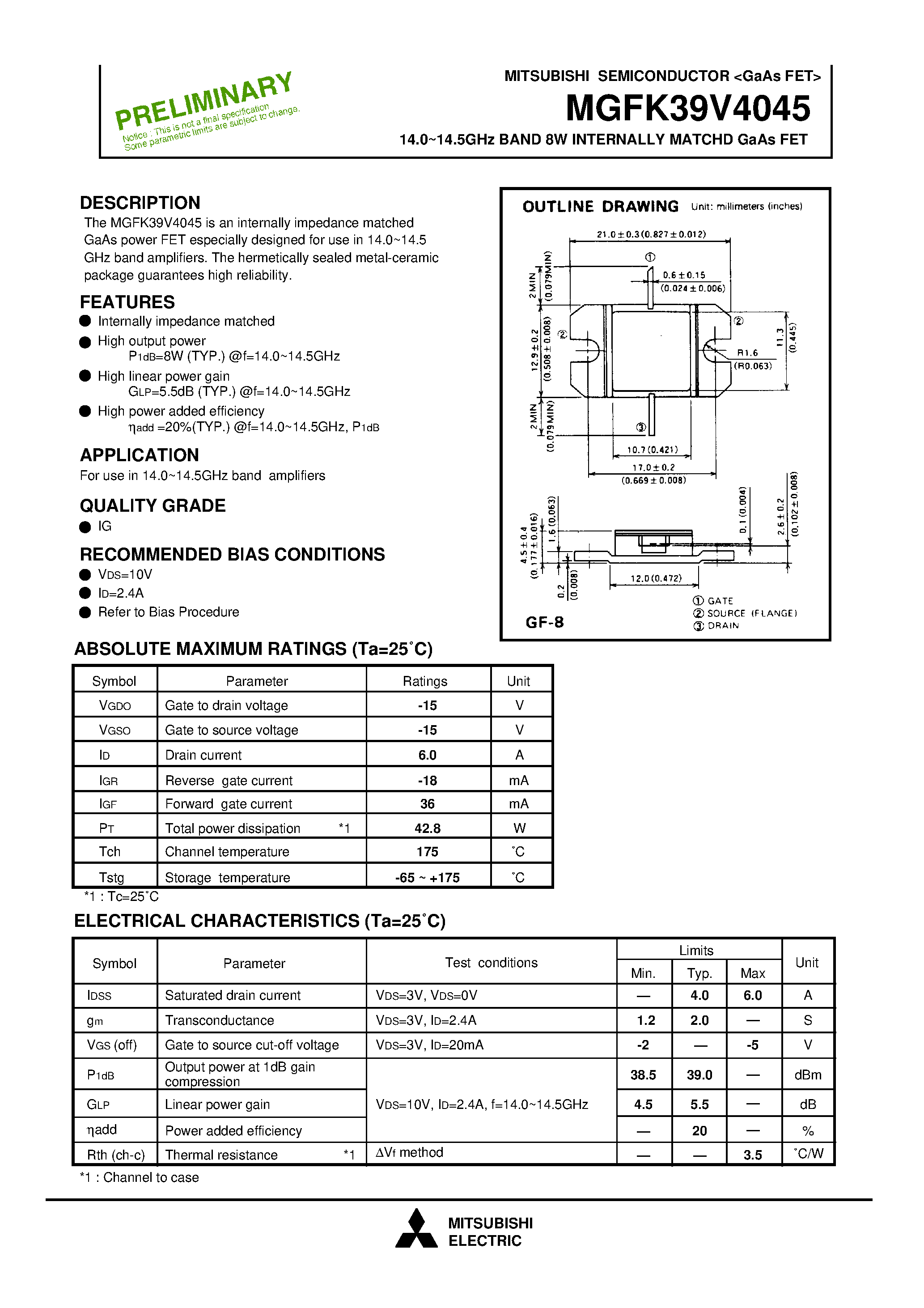 Datasheet MGFK39V4045 - 14.0-14.5GHz BAND 8W INTERNALLY MATCHD GaAs FET page 1