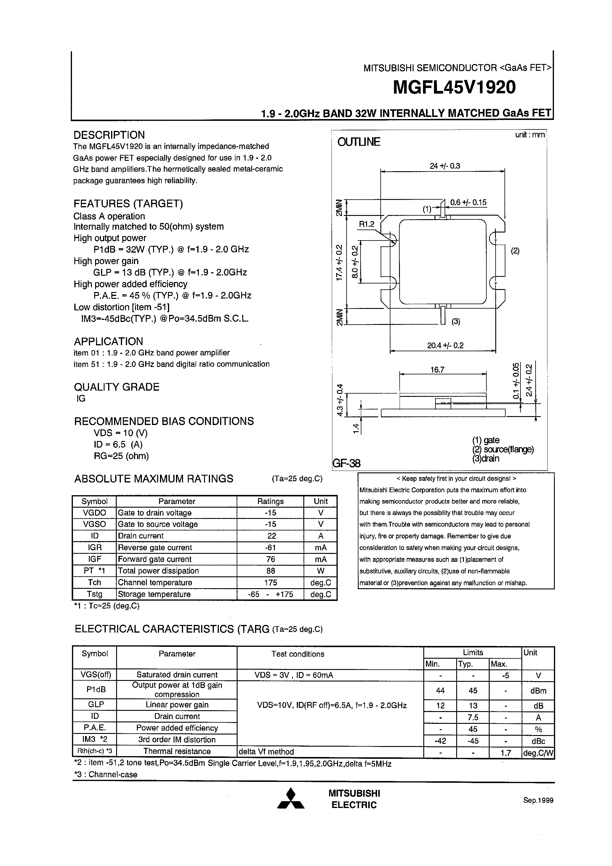 Datasheet MGFL45V1920 - 1.9-2.0GHz BAND 32W INTERNALLY MATCHD GaAs FET page 1