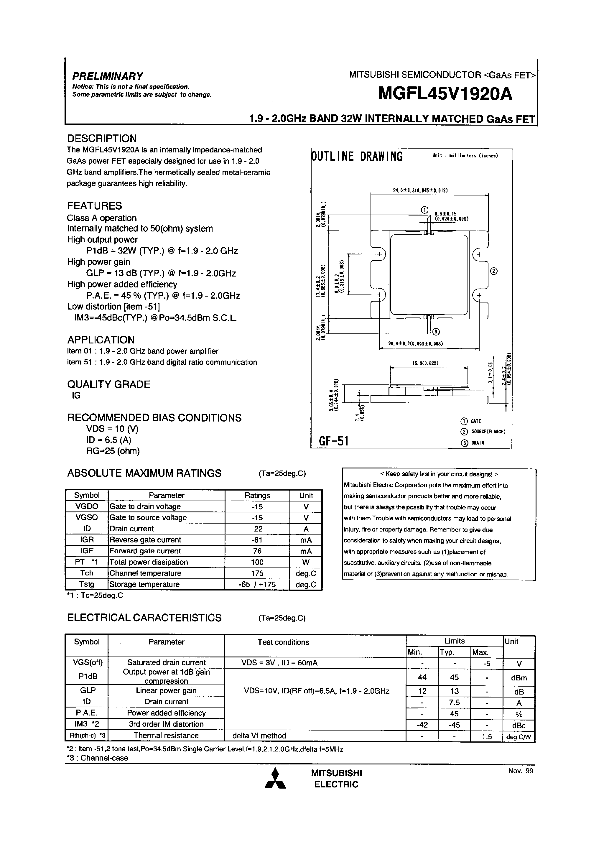 Datasheet MGFL45V1920A - 1.9-2.0GHz BAND 32W INTERNALLY MATCHD GaAs FET page 1