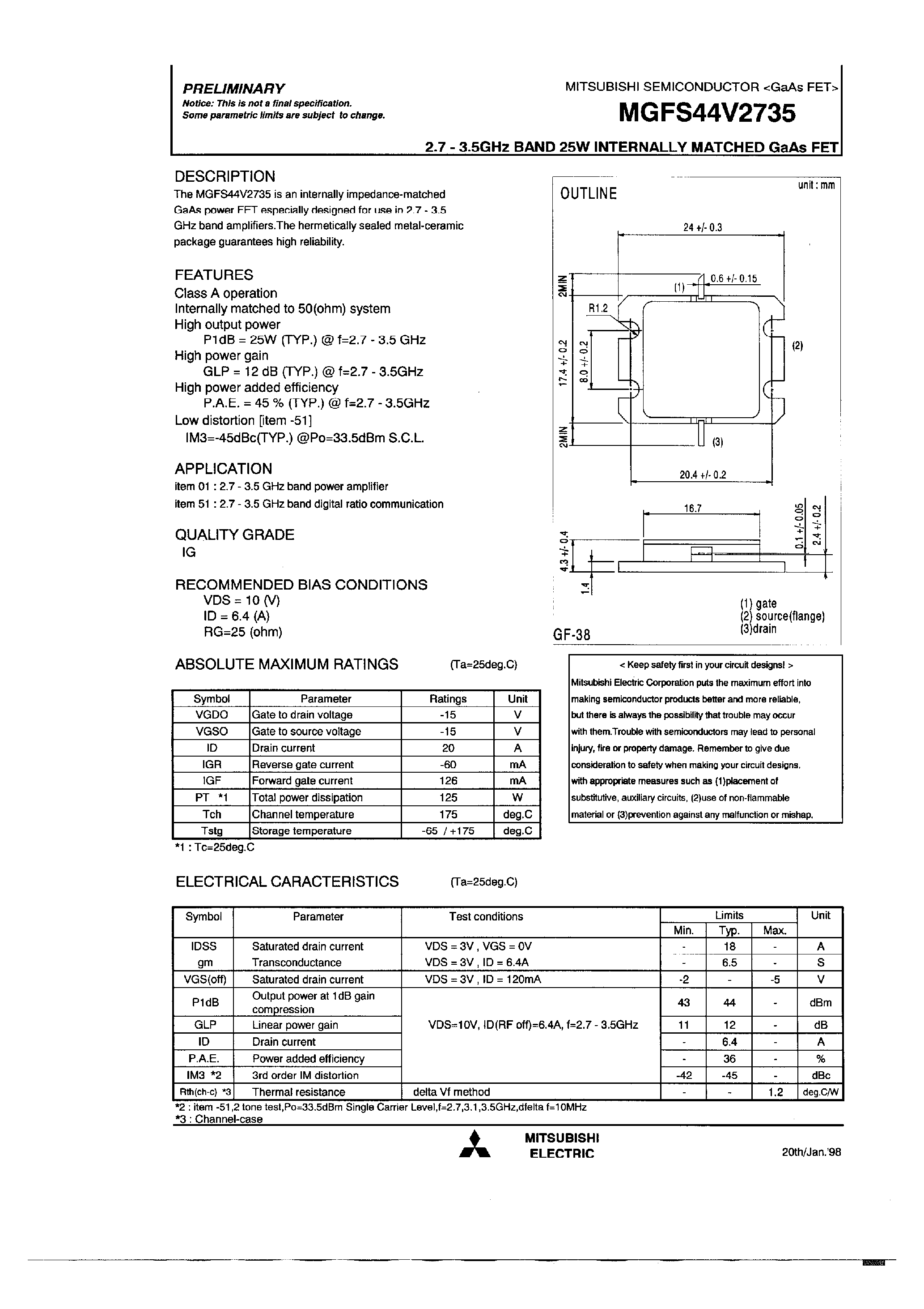 Даташит на микросхему MGFS44V2735 страница 1 Даташит MGFS44V2735 - 2.7-3.5GHz BAND 25W INTERNALLY MATCHD GaAs FET страница 1