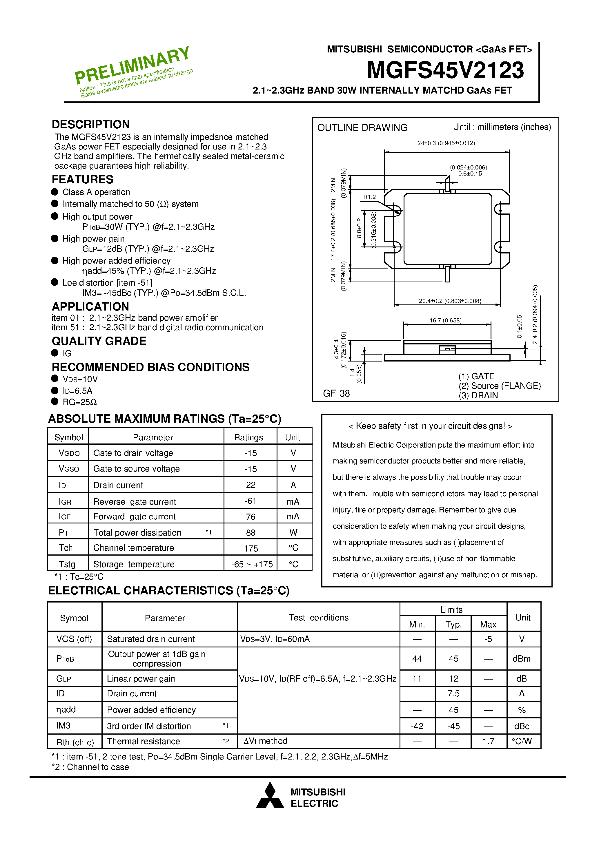 Datasheet MGFS45V2123 - 2.1 - 2.3GHz BAND 30W INTERNALLY MATCHD GaAs FET page 1