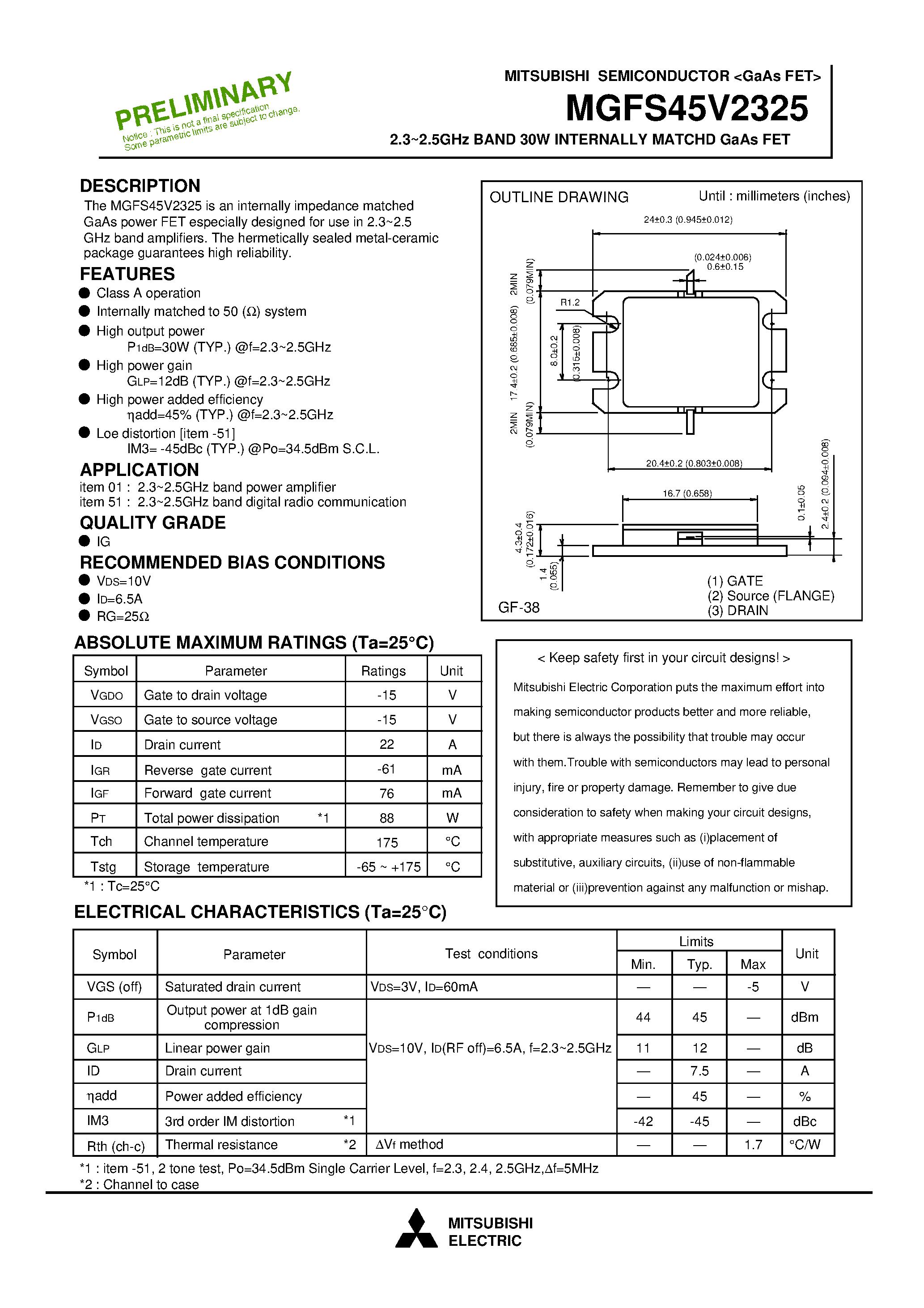 Datasheet MGFS45V2325 - 2.3 - 2.5GHz BAND 30W INTERNALLY MATCHD GaAs FET page 1