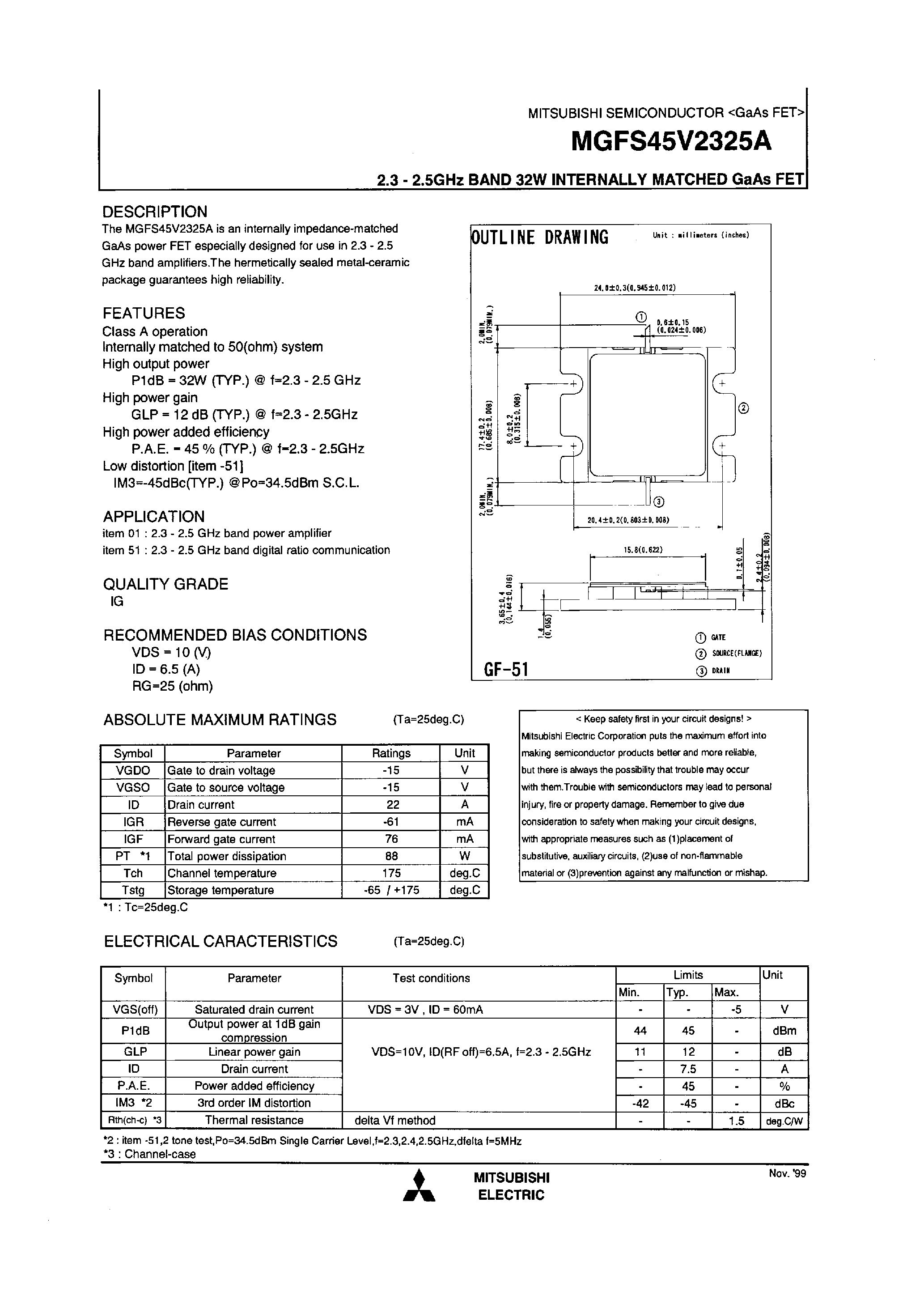 Datasheet MGFS45V2325A - 2.3 - 2.5GHz BAND 32W INTERNALLY MATCHD GaAs FET page 1