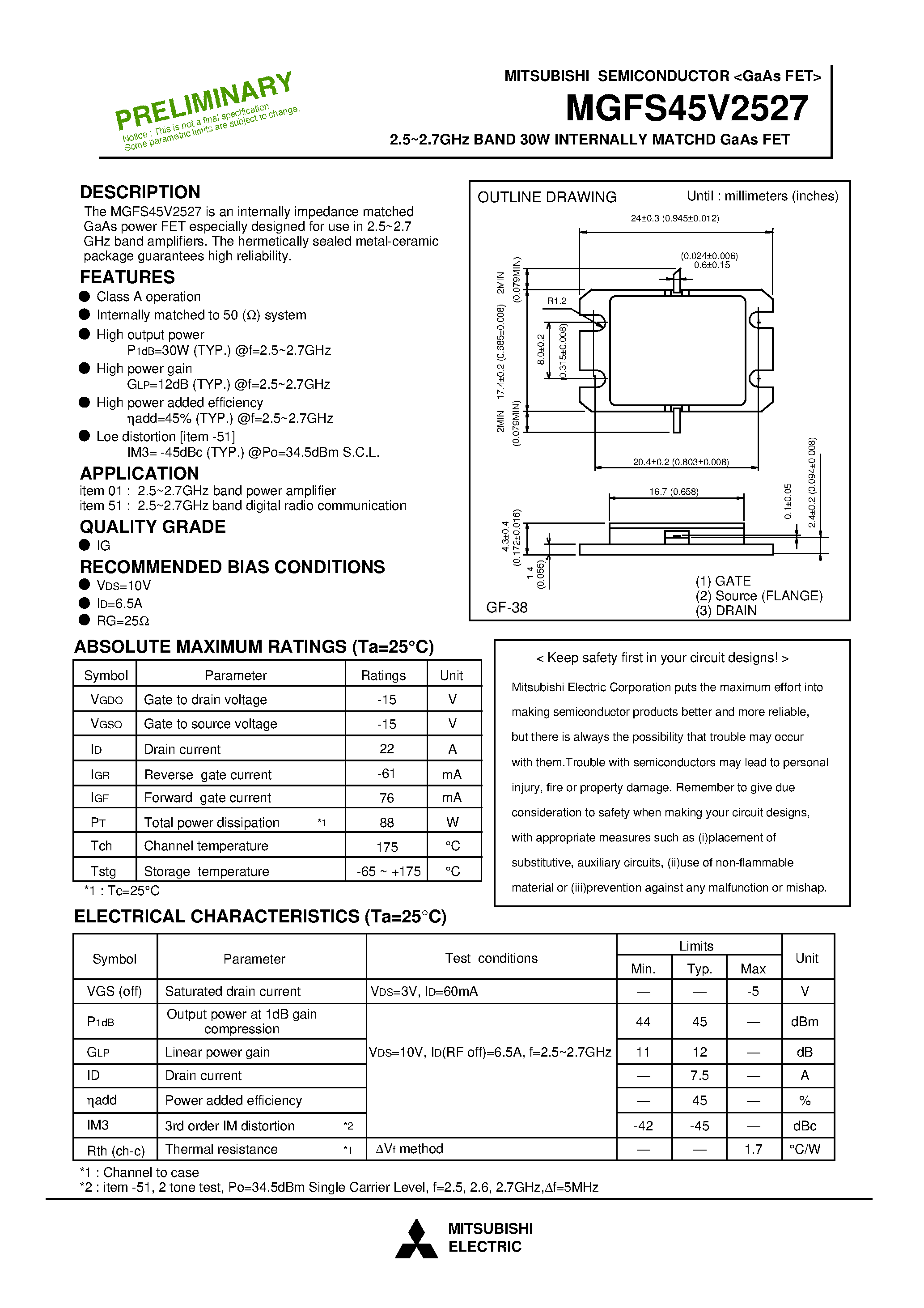 Datasheet MGFS45V2527 - 2.5 - 2.7GHz BAND 30W INTERNALLY MATCHD GaAs FET page 1