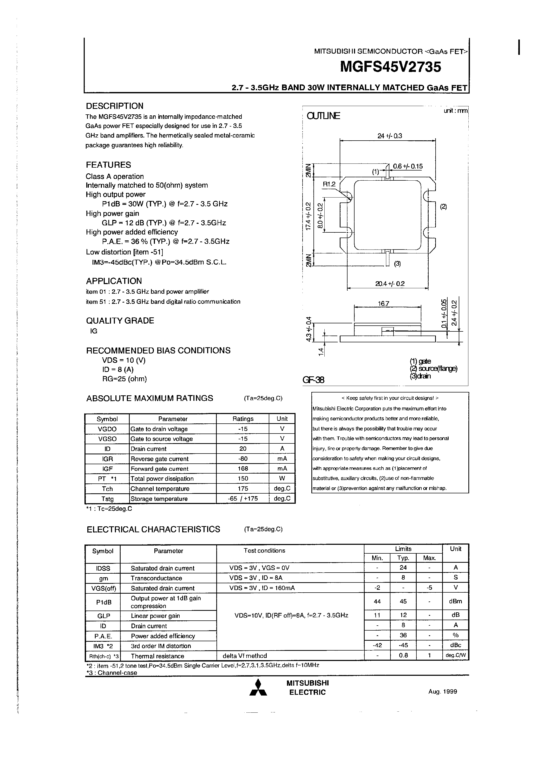 Даташит MGFS45V2735 - 2.7 - 3.5GHz BAND 30W INTERNALLY MATCHD GaAs FET страница 1