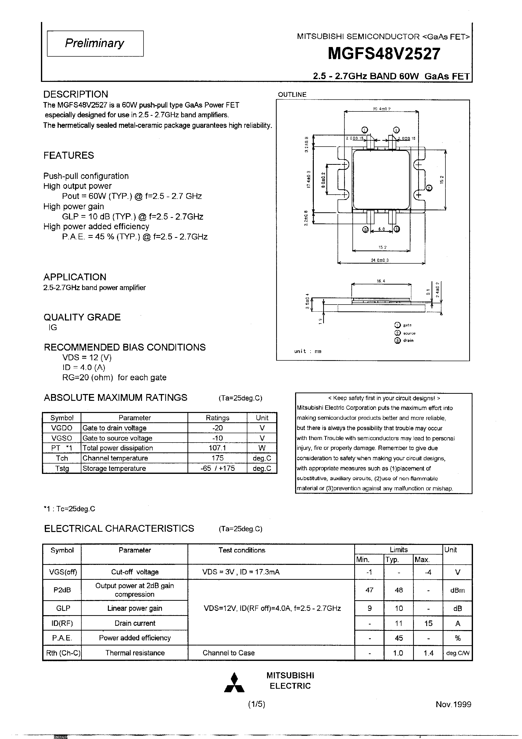 Datasheet MGFS48V2527 - 2.5 - 2.7GHz BAND 60W GaAs FET page 1