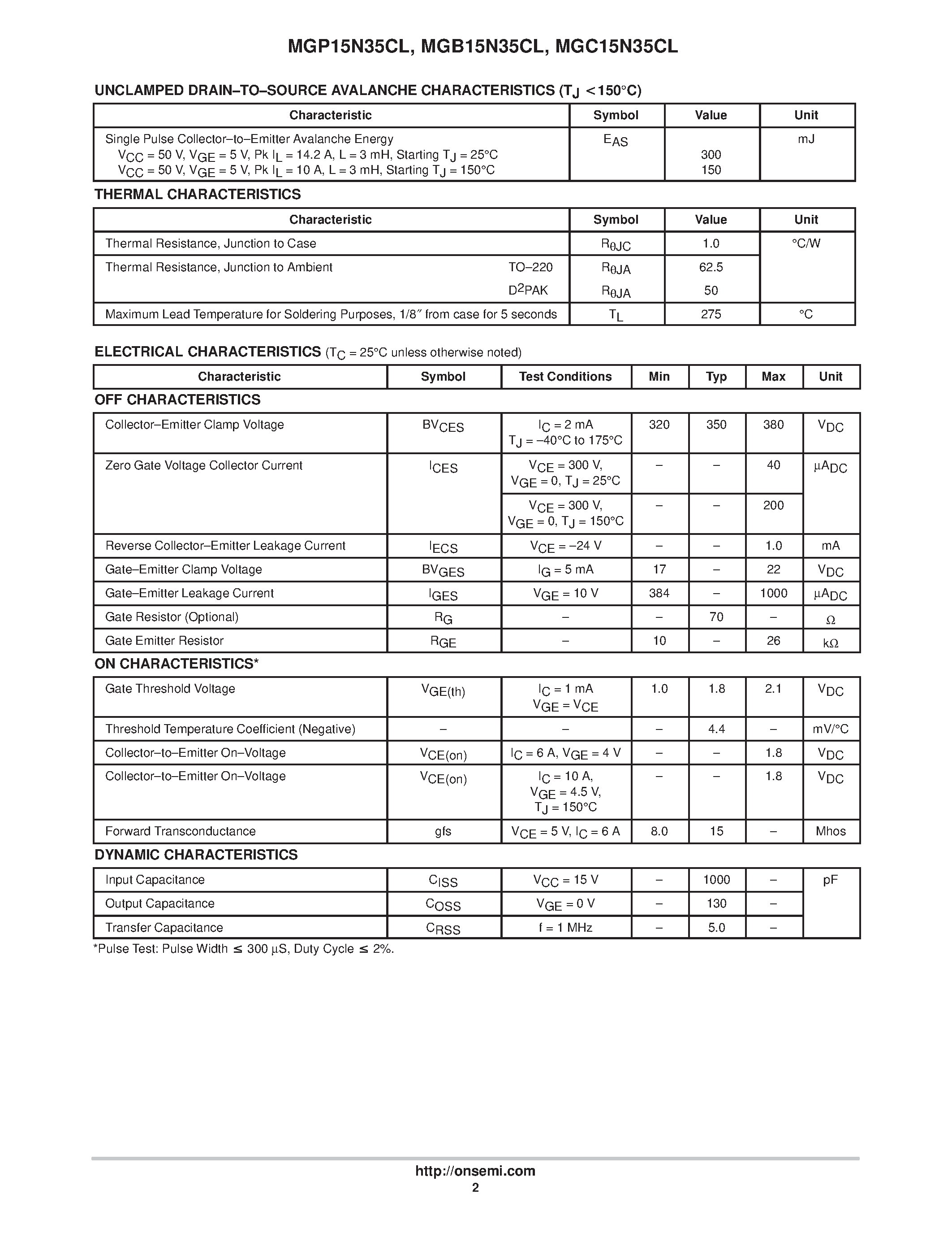 Datasheet MGP15N35CL - Internally Clamped N-Channel IGBT page 2