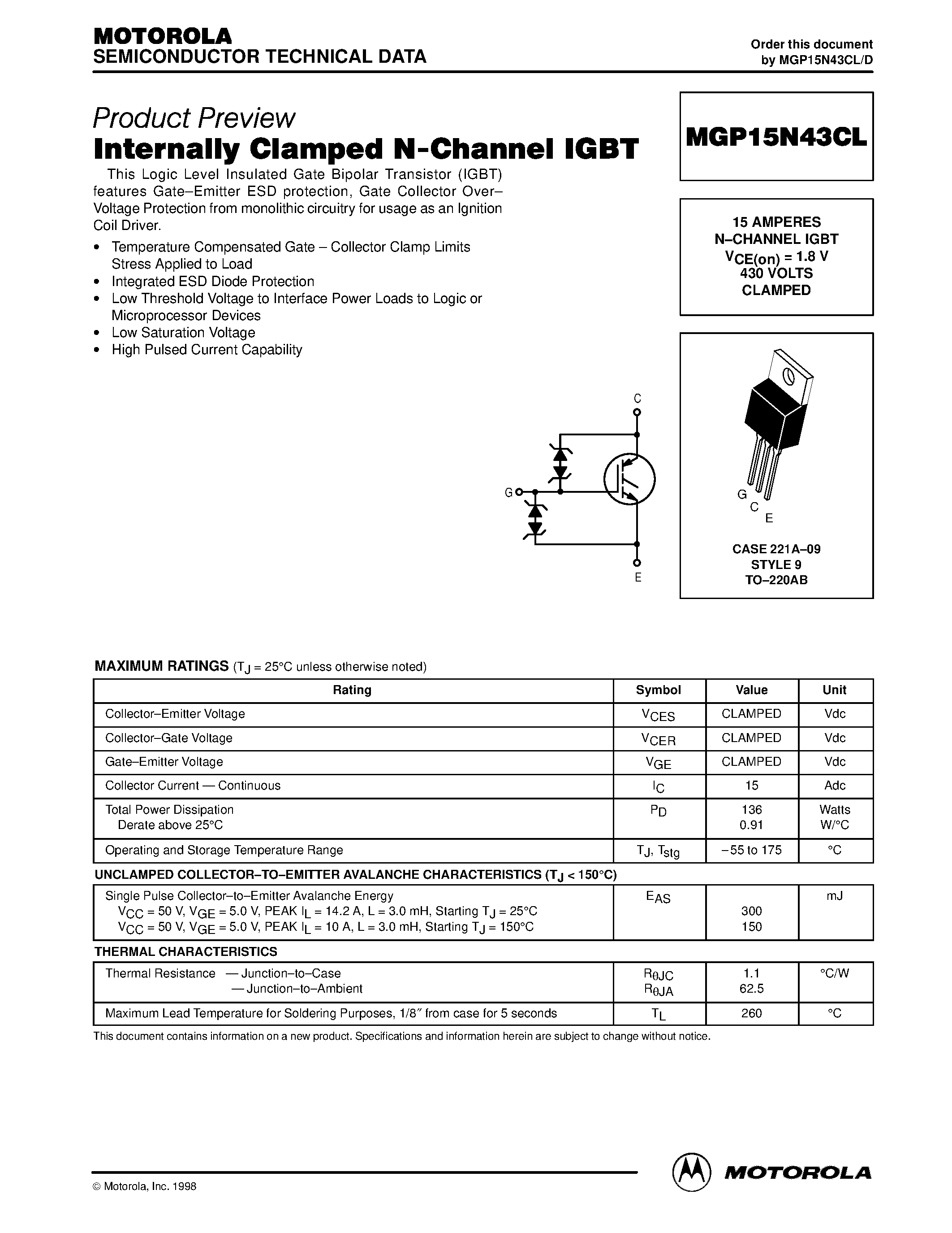 Datasheet MGP15N43CL - Internally Clamped N-Channel IGBT page 1