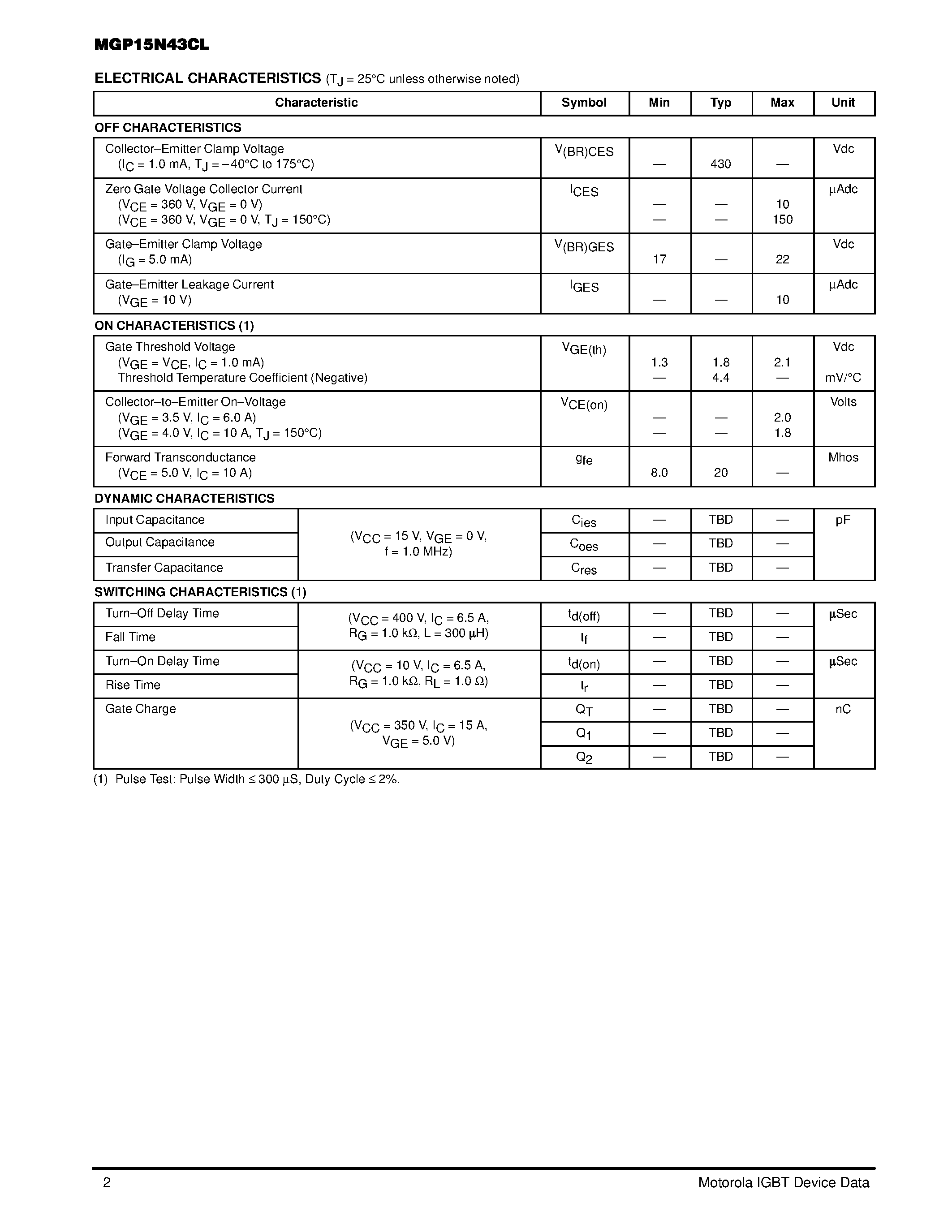 Datasheet MGP15N43CL - Internally Clamped N-Channel IGBT page 2