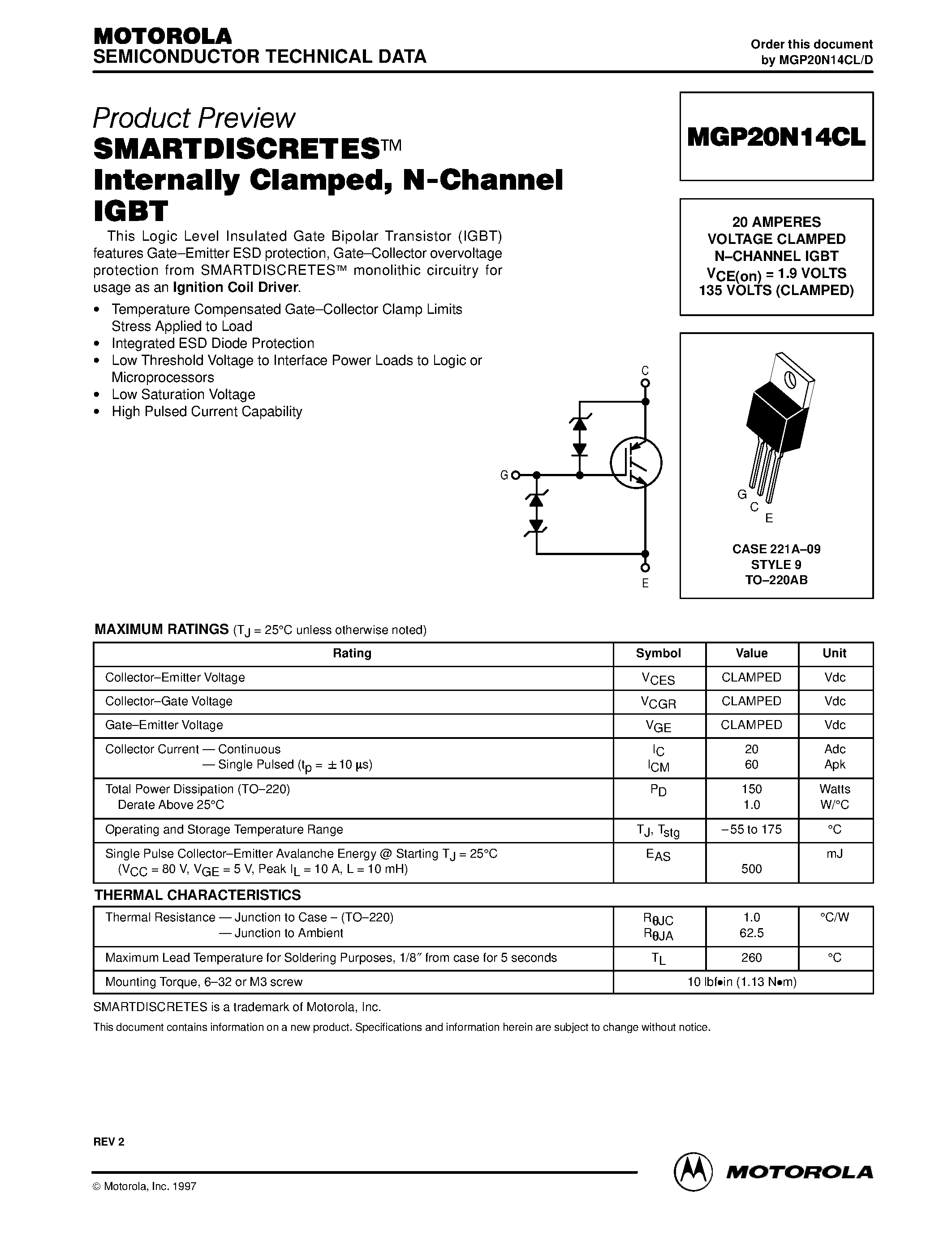 Datasheet MGP20N14CL - SMARTDISCRETES Internally Clamped / N-Channel IGBT page 1