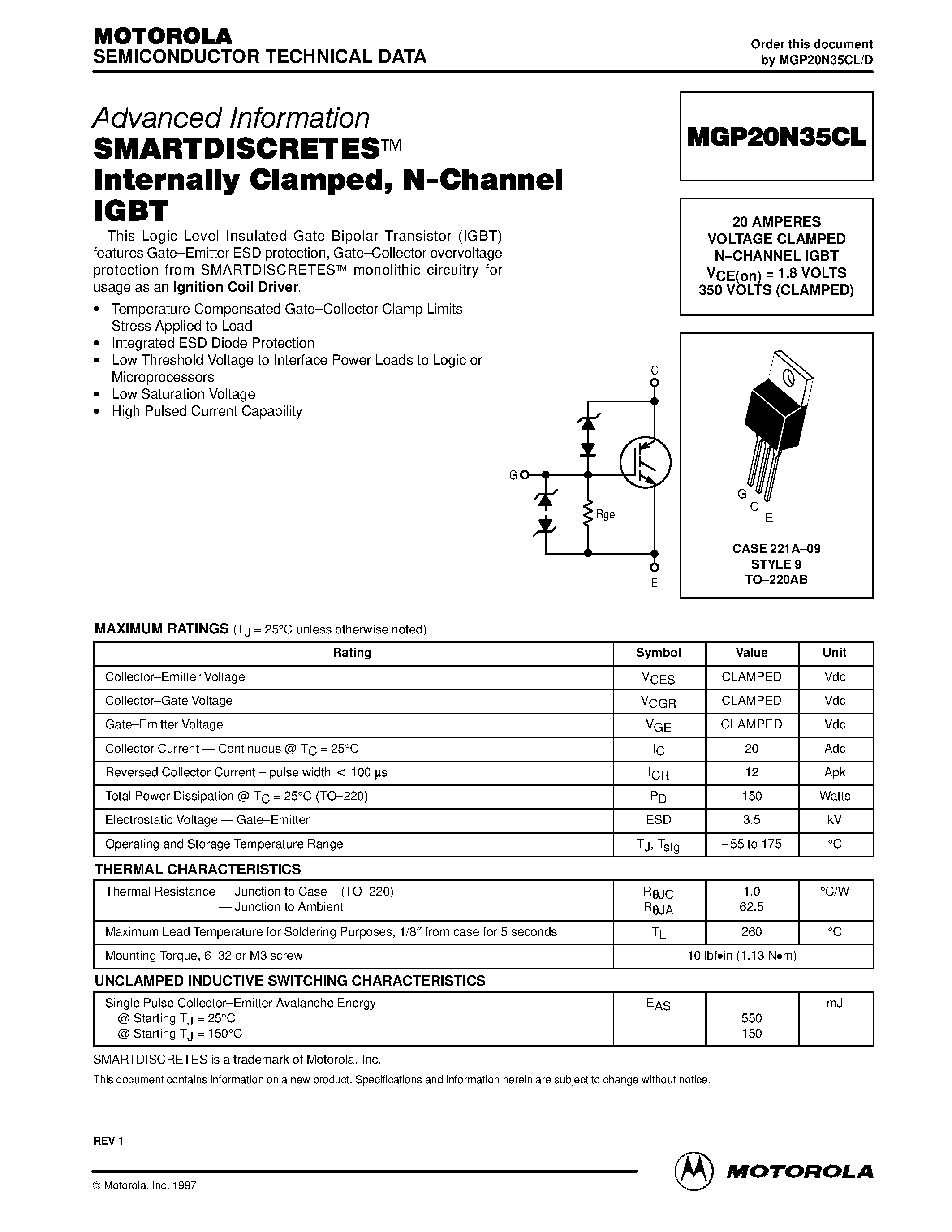 Datasheet MGP20N35CL - SMARTDISCRETES Internally Clamped / N-Channel IGBT page 1