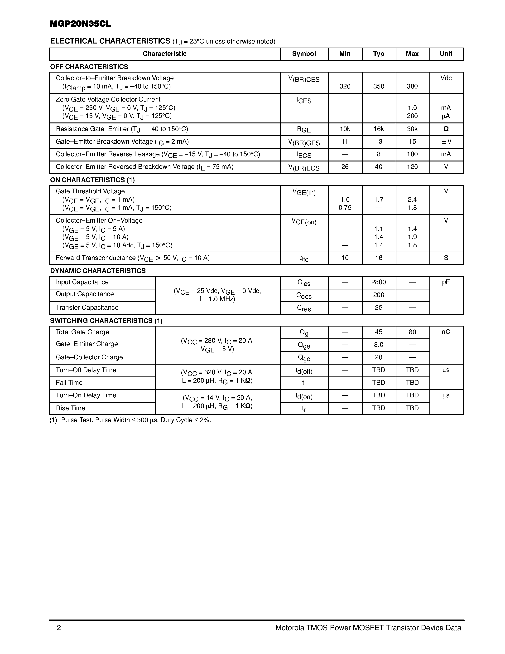 Datasheet MGP20N35CL - SMARTDISCRETES Internally Clamped / N-Channel IGBT page 2