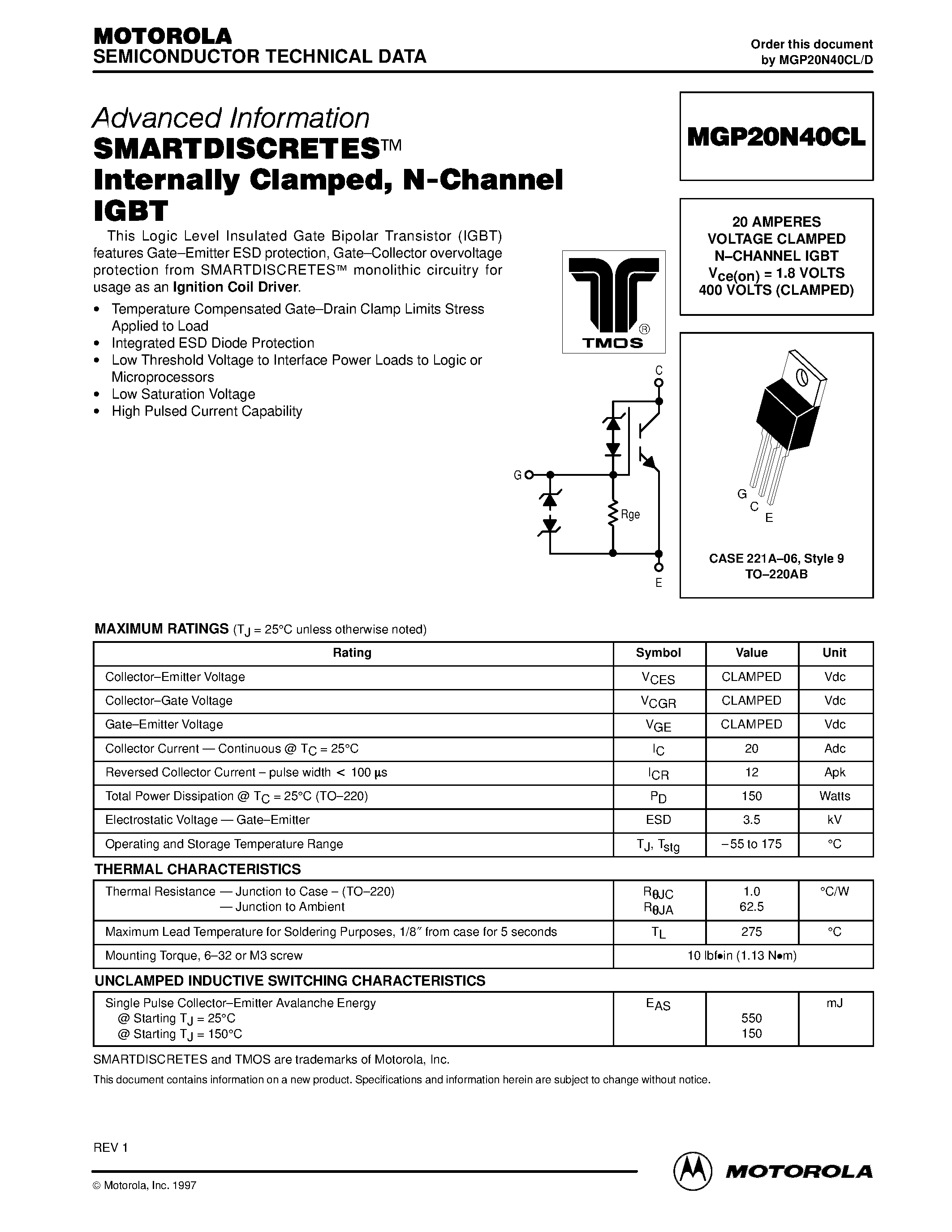Datasheet MGP20N40CL - SMARTDISCRETES Internally Clamped / N-Channel IGBT page 1