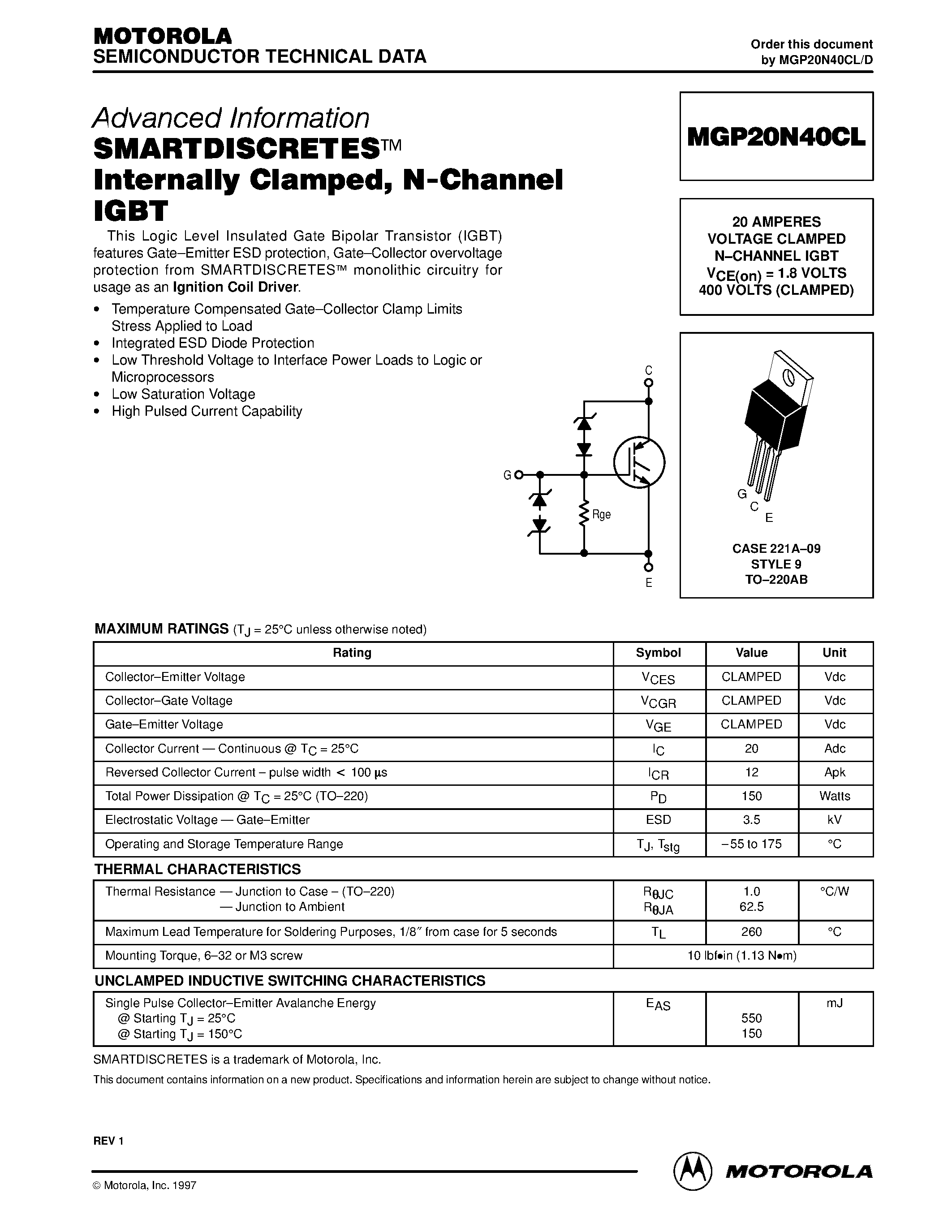 Datasheet MGP20N40CL - SMARTDISCRETES Internally Clamped / N-Channel IGBT page 1