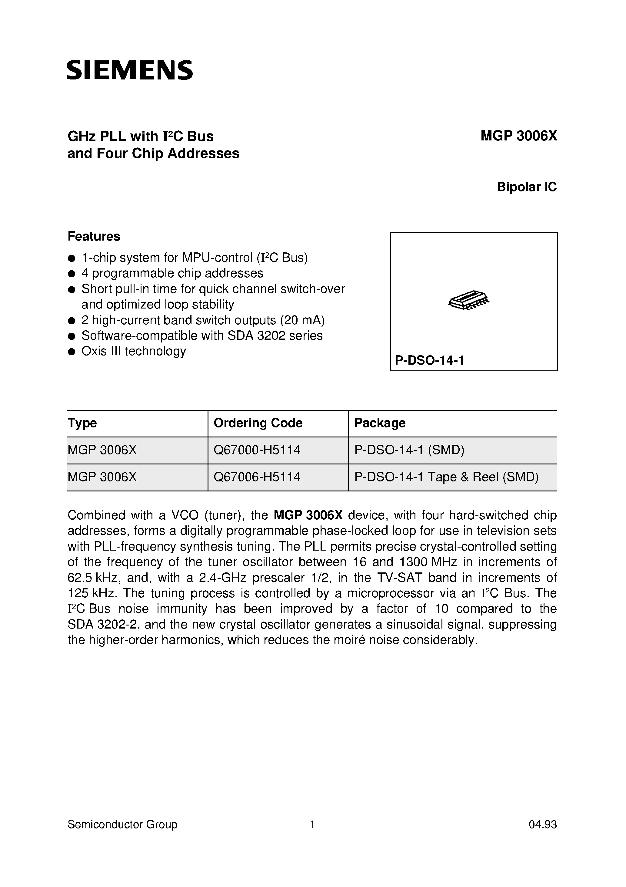 Datasheet MGP3006X - GHz PLL with I2C Bus and Four Chip Addresses page 1