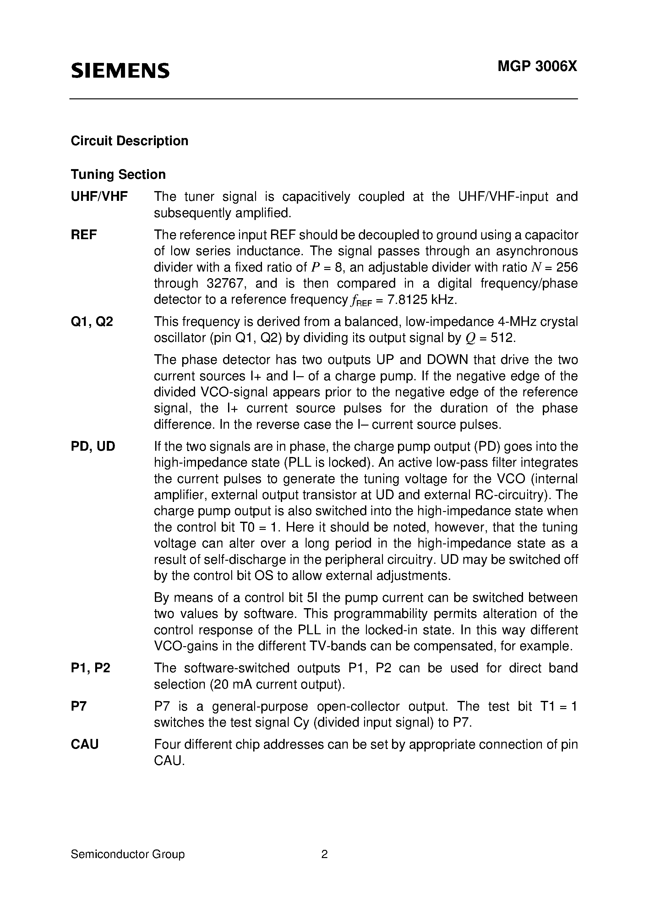 Datasheet MGP3006X - GHz PLL with I2C Bus and Four Chip Addresses page 2