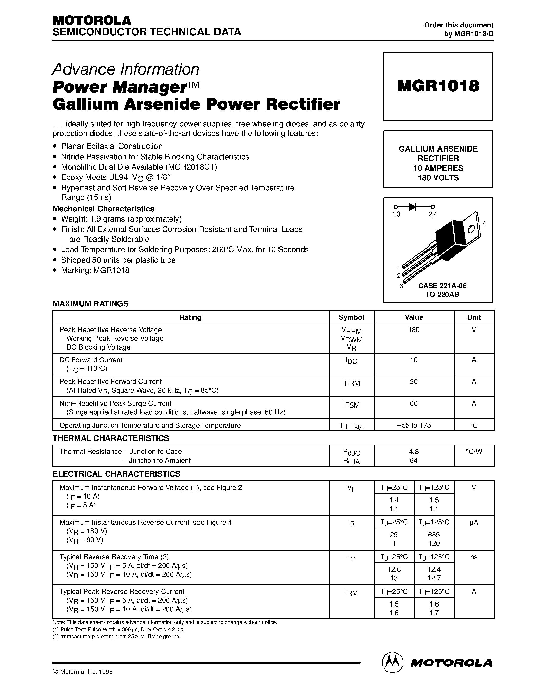 Даташит MGR1018 - Power Manager Gallium Arsenide Power Rectifier страница 1