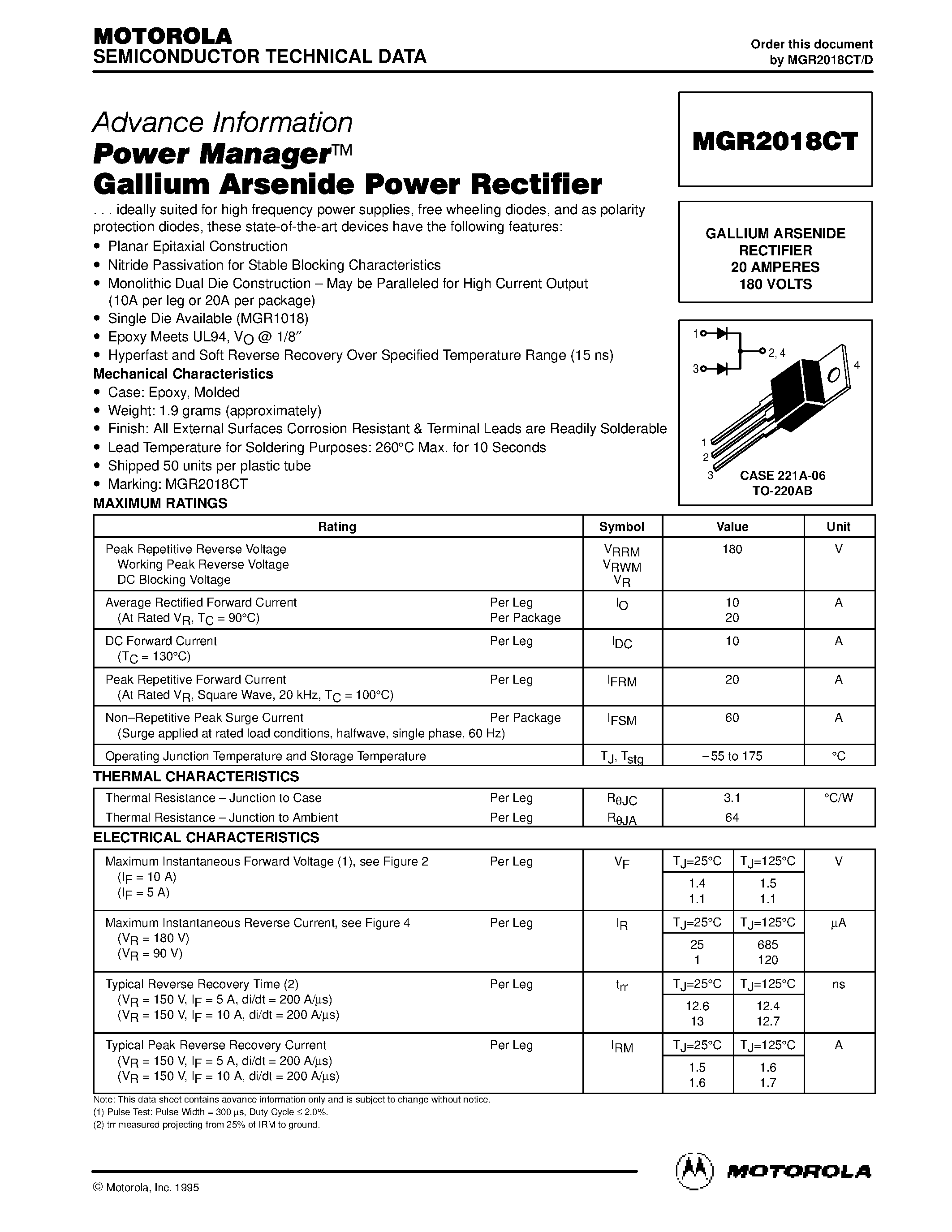 Даташит MGR2018CT - Power Manager Gallium Arsenide Power Rectifier страница 1