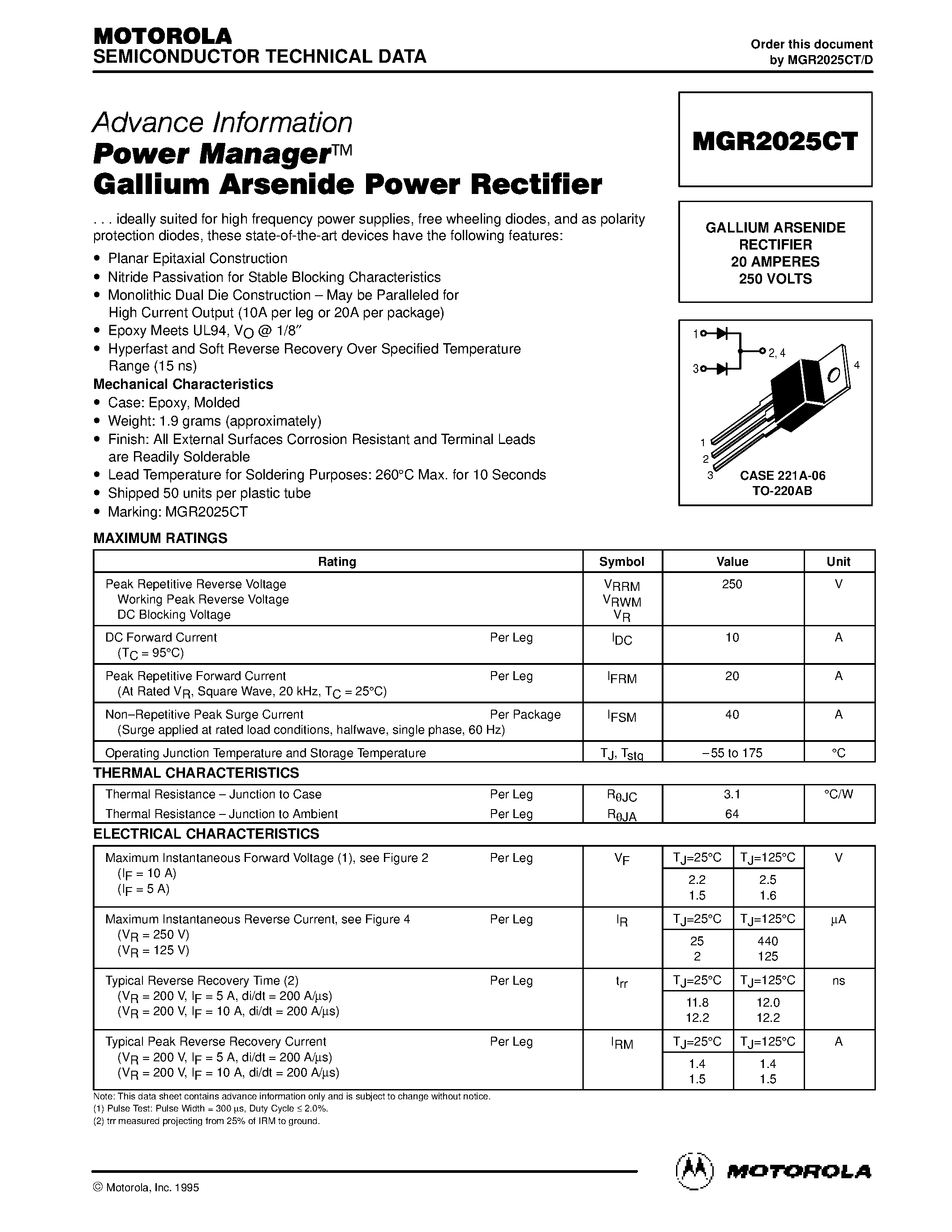 Даташит MGR2025CT - Power Manager Gallium Arsenide Power Rectifier страница 1
