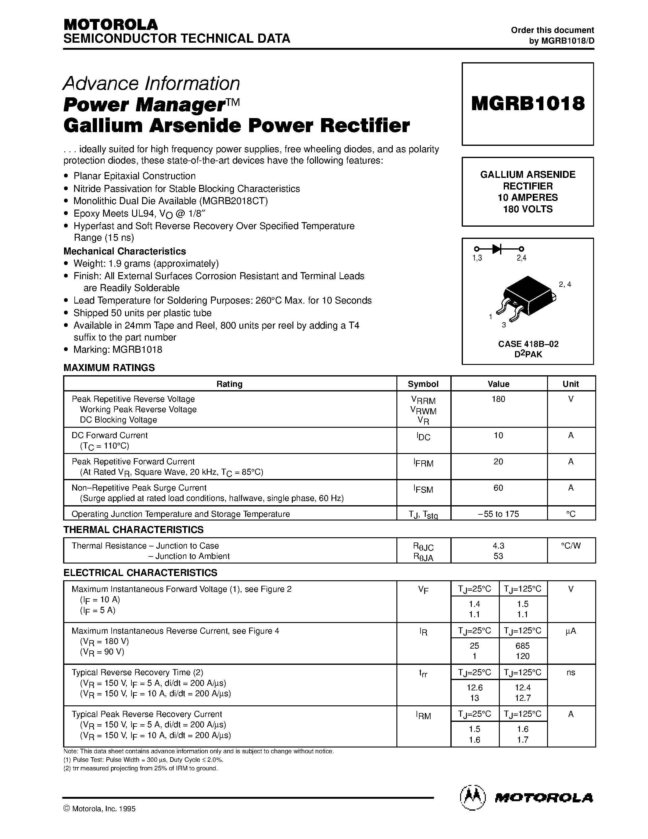 Даташит MGRB1018 - Power Manager Gallium Arsenide Power Rectifier страница 1
