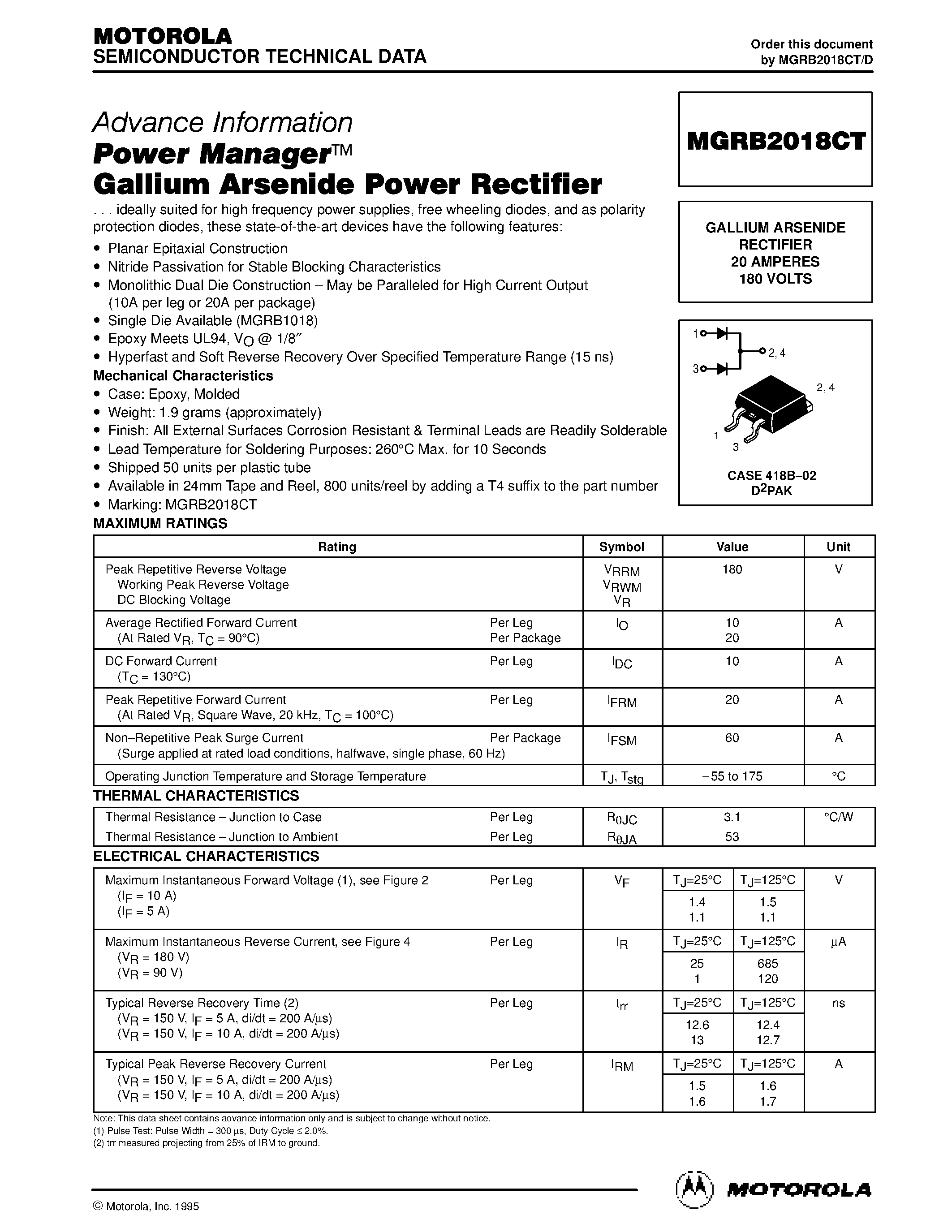 Даташит MGRB2018CT - Power Manager Gallium Arsenide Power Rectifier страница 1