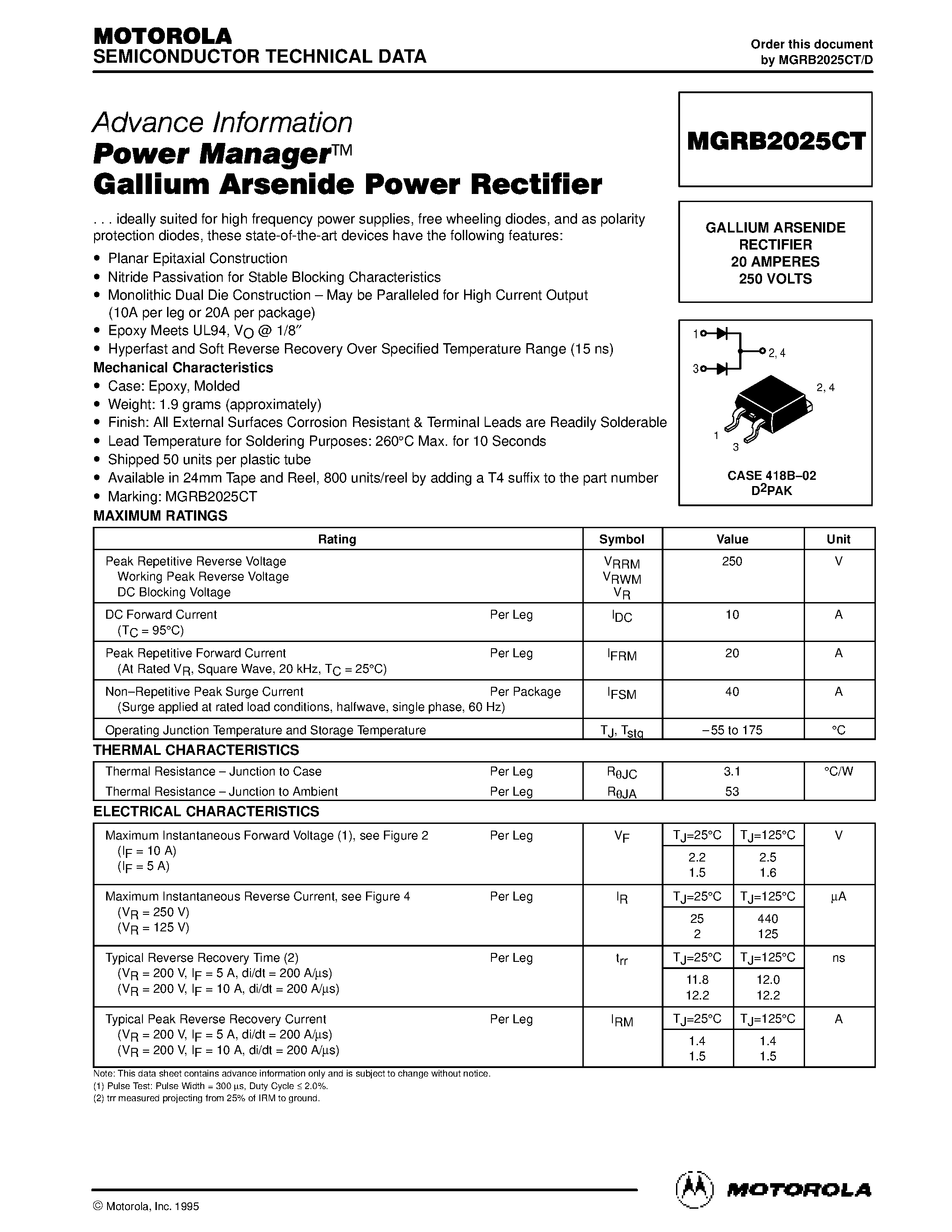 Даташит MGRB2025CT - Power Manager Gallium Arsenide Power Rectifier страница 1