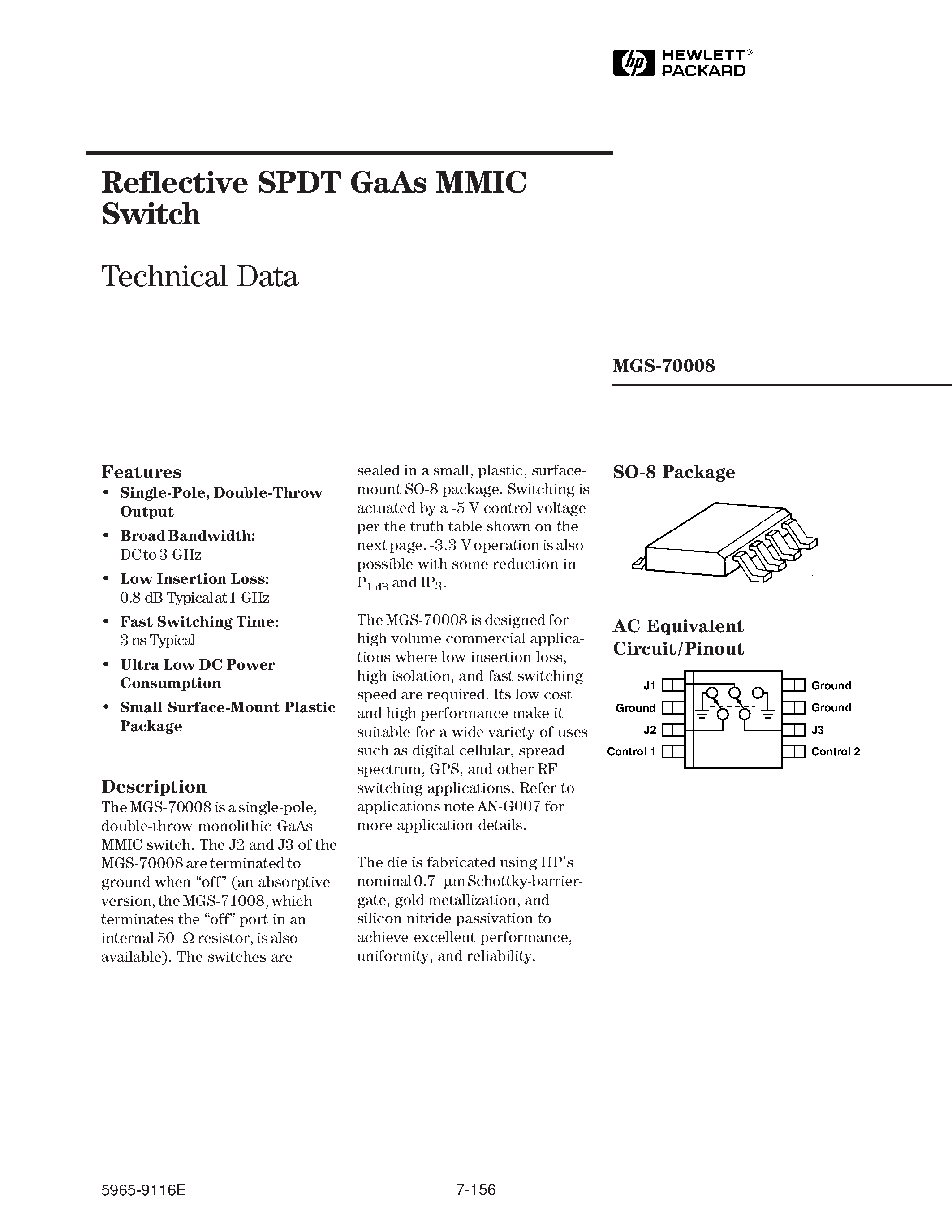 Datasheet MGS-70008 - Reflective SPDT GaAs MMIC Switch page 1