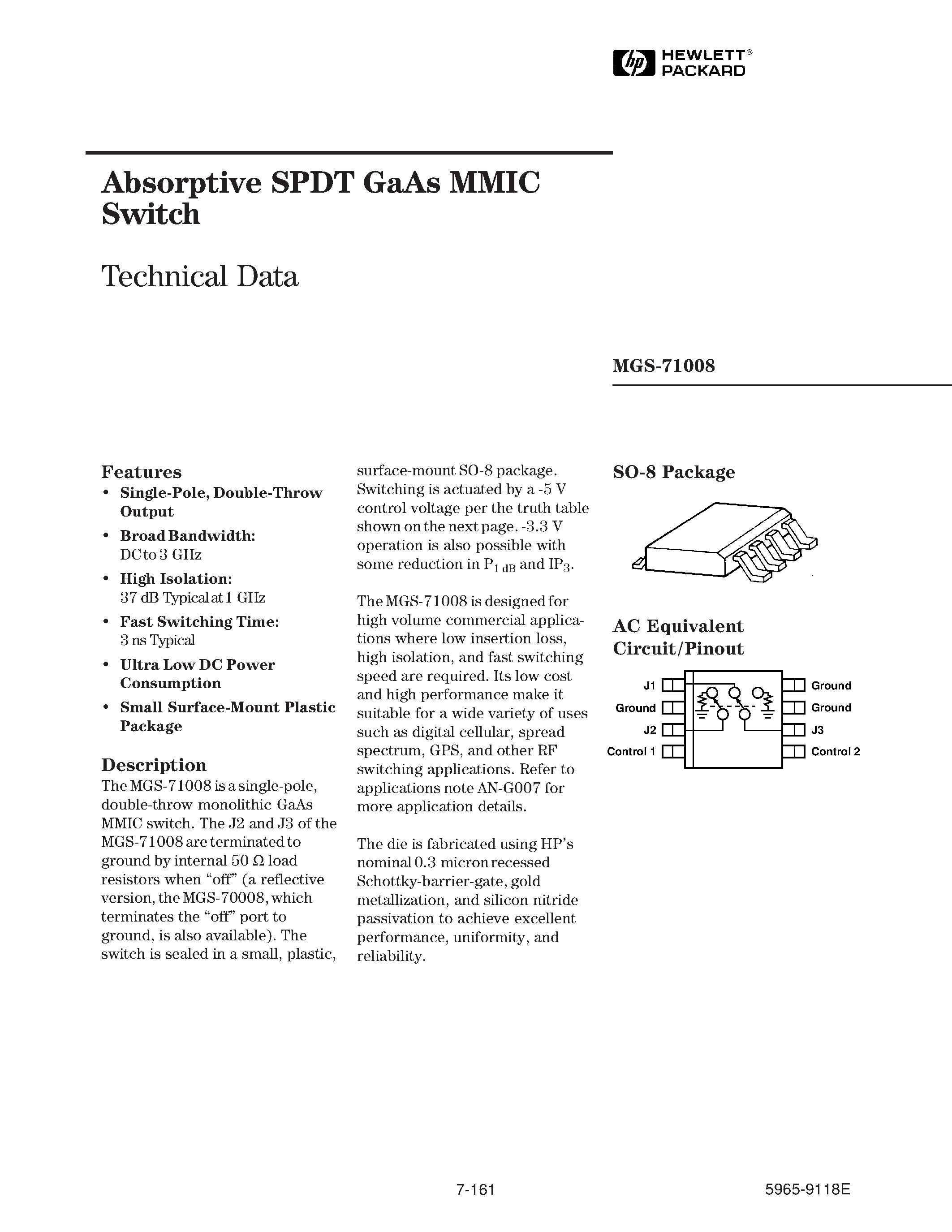 Datasheet MGS-71008 page 1 Datasheet MGS-71008 - Absorptive SPDT GaAs MMIC Switch page 1