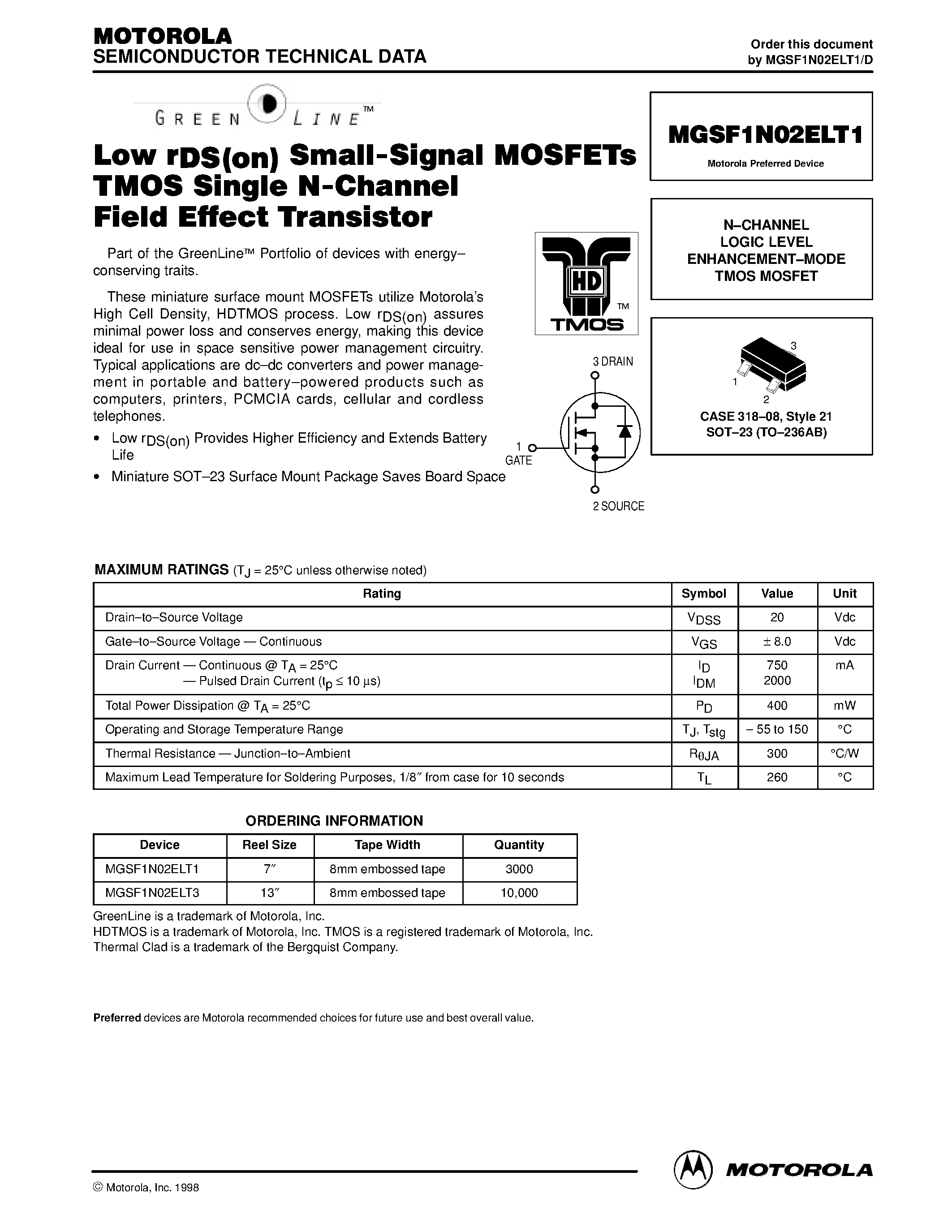 Datasheet MGSF1N02EL - N-CHANNEL LOGIC LEVEL ENHANCEMENT-MODE TMOS MOSFET page 1