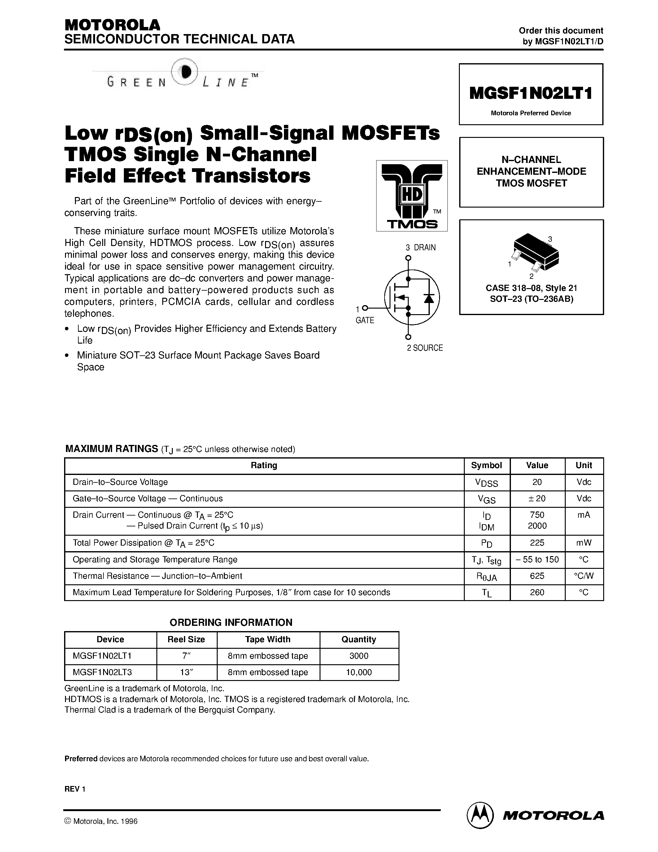 Datasheet MGSF1N02LT1 - N-CHANNEL ENHANCEMENT-MODE TMOS MOSFET page 1