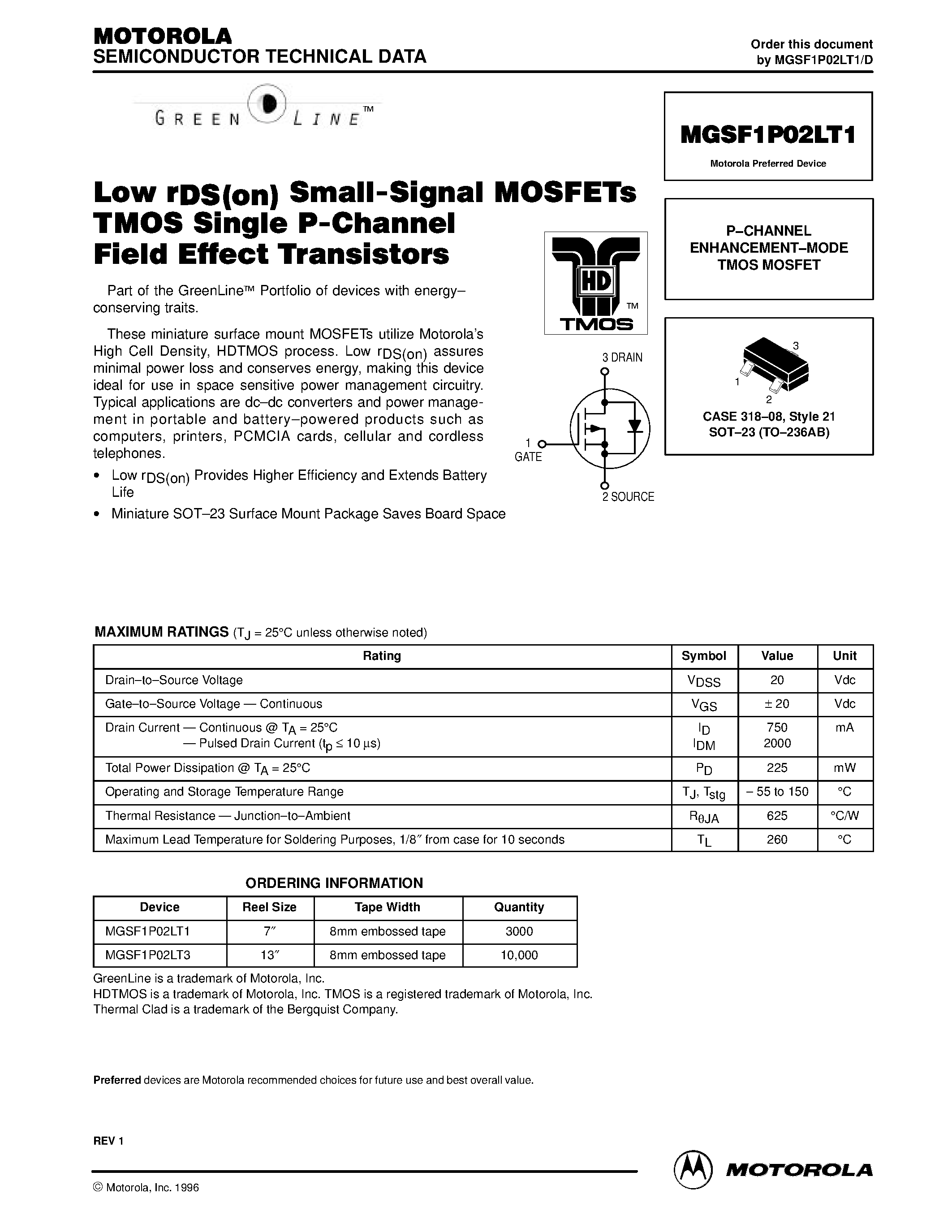 Даташит MGSF1P02LT1 - P-CHANNEL ENHANCEMENT-MODE TMOS MOSFET страница 1