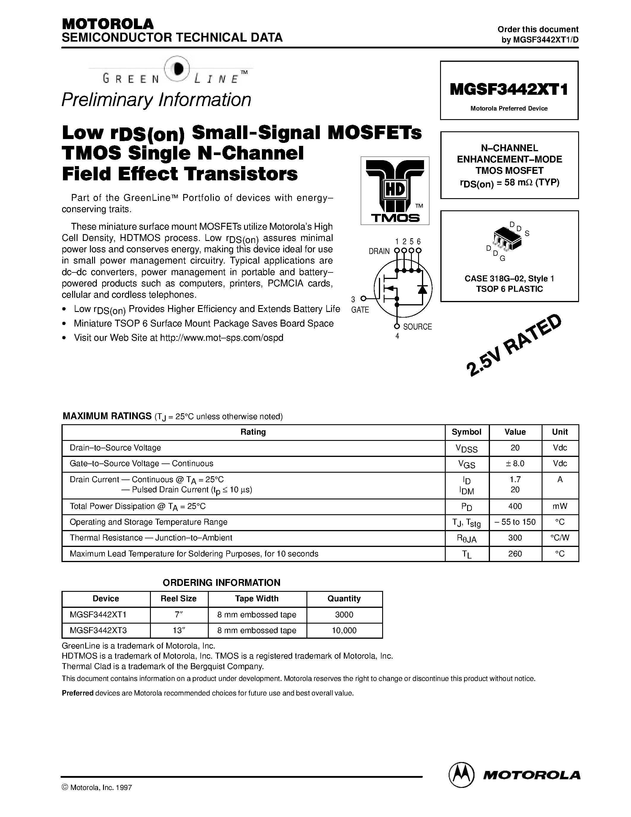 Datasheet MGSF3442XT1 - N-CHANNEL ENHANCEMENT-MODE TMOS MOSFET page 1