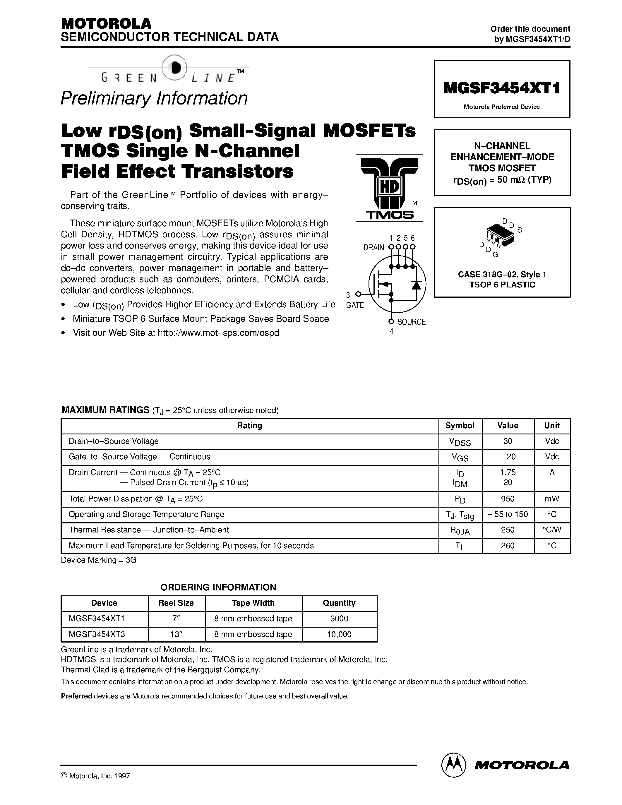 Datasheet MGSF3454XT1 - N-CHANNEL ENHANCEMENT-MODE TMOS MOSFET page 1