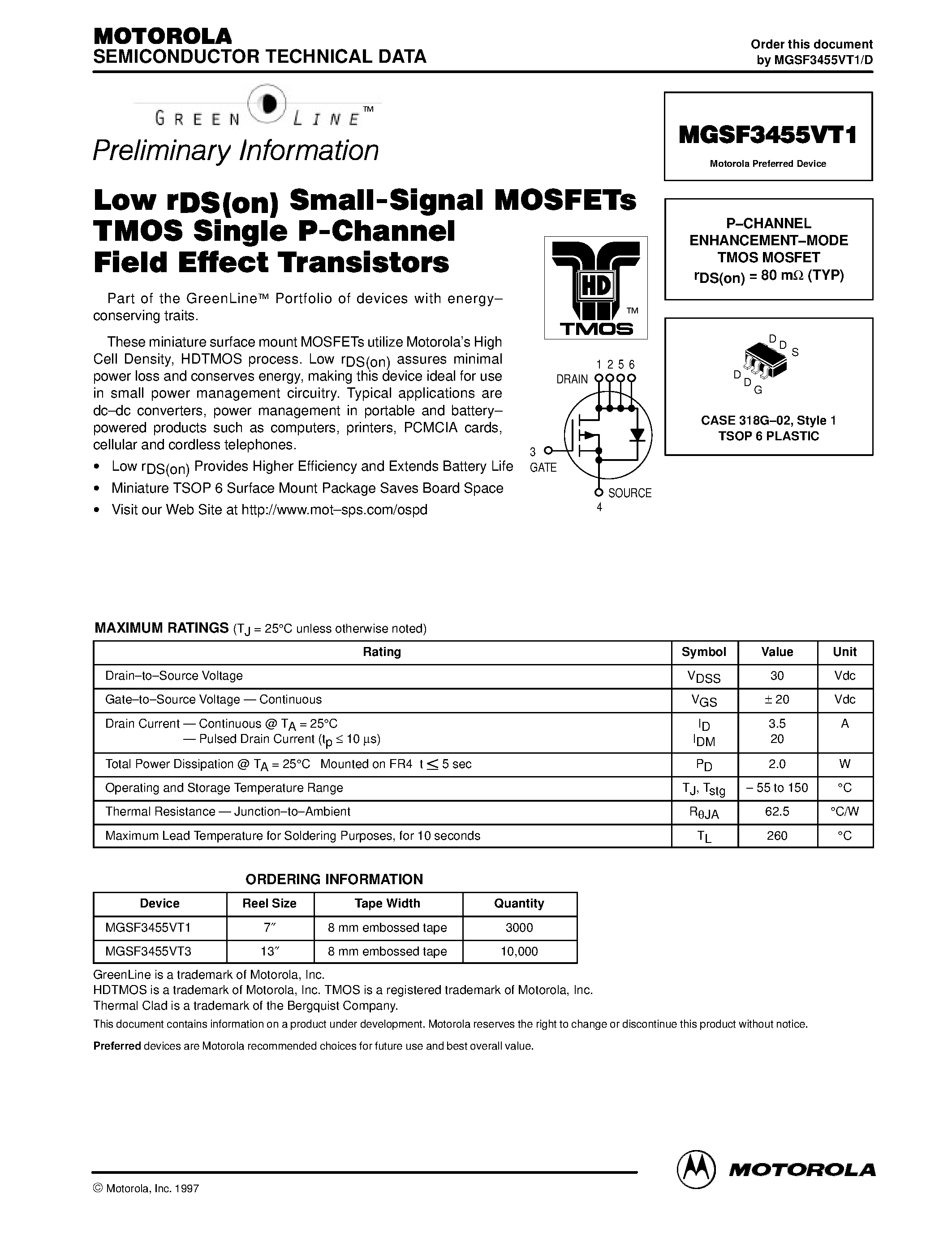 Даташит MGSF3455VT1 - P-CHANNEL ENHANCEMENT-MODE TMOS MOSFET страница 1