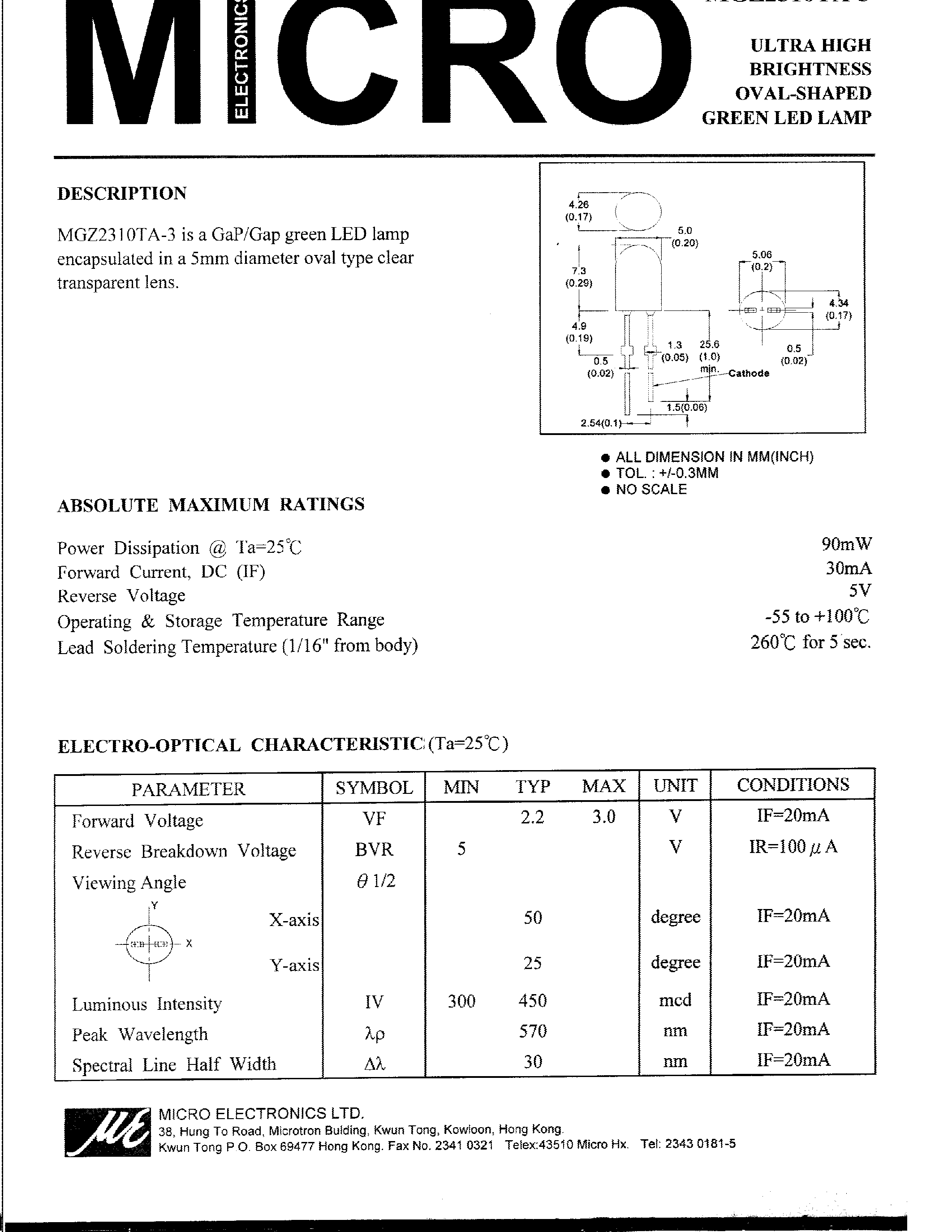 Datasheet MGZ2310TA-3 page 1 Datasheet MGZ2310TA-3 - ULTRA HIGH BRIGHTNESS OVAL-SHAPED GREEN LED LAMP page 1