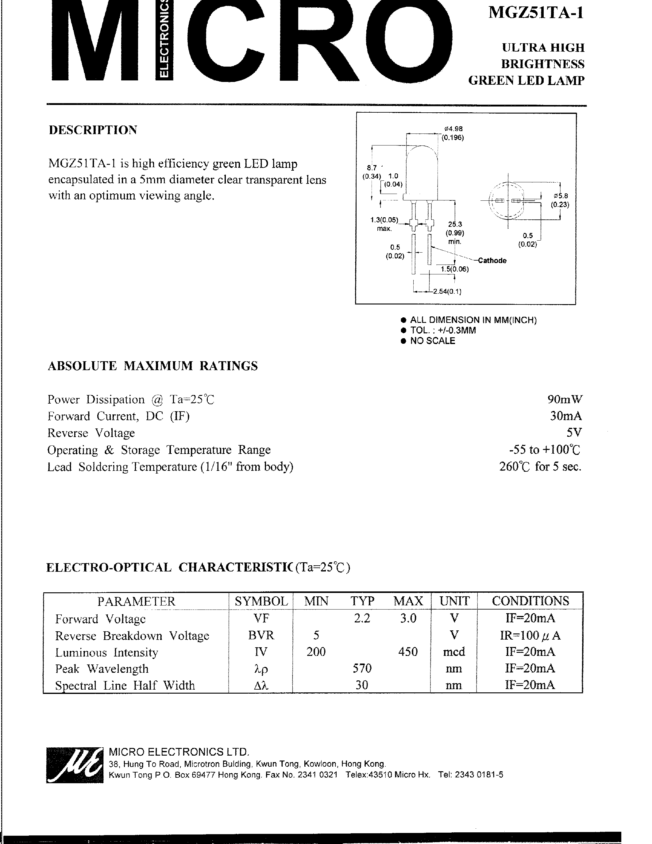 Datasheet MGZ51TA-1 page 1 Datasheet MGZ51TA-1 - ULTRA HIGH BRIGHTNESS GREEN LED LAMP page 1