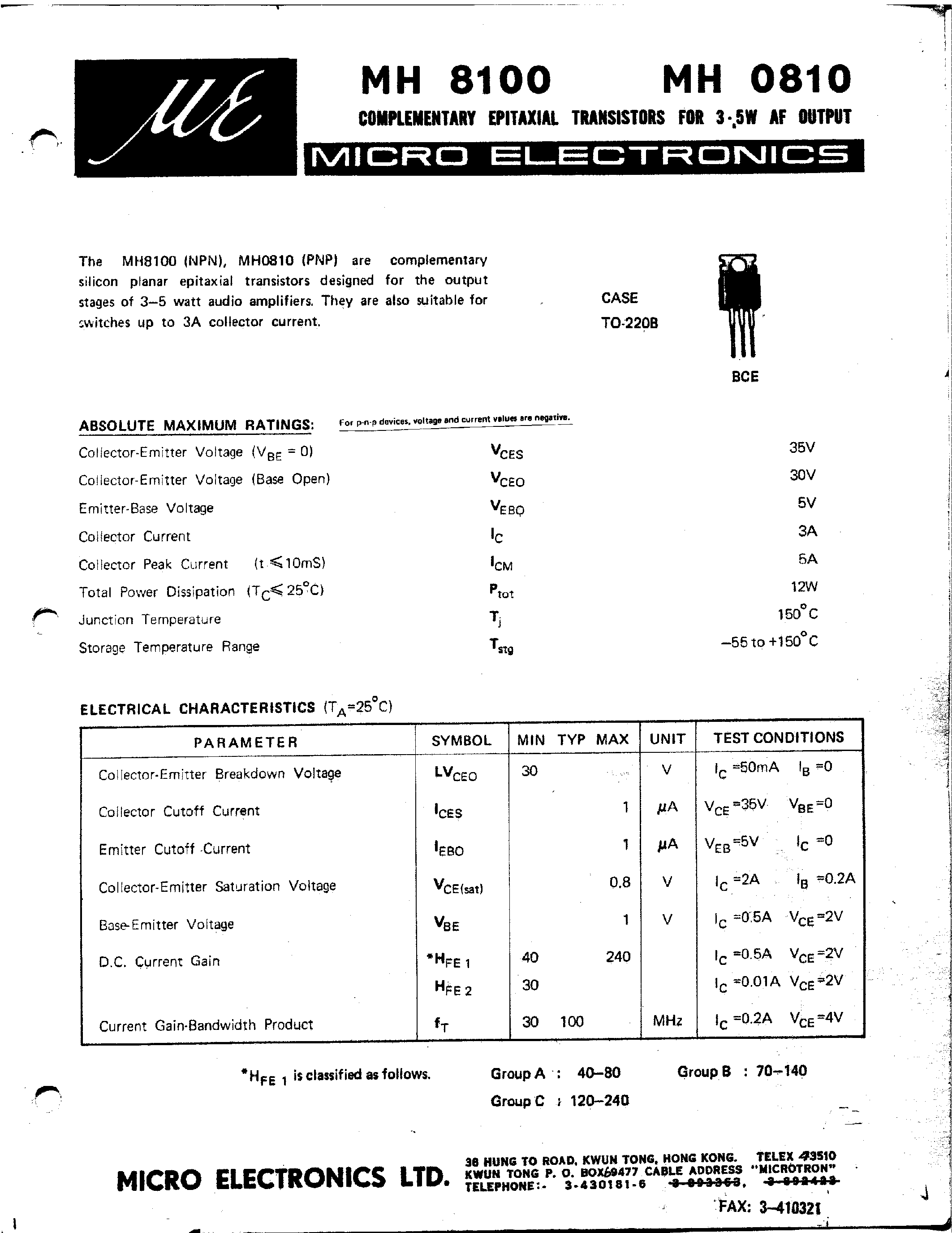 Datasheet MH0810 - COMPLEMENTARY EPITAXIAL TRANSISTORS FOR 3-5W AF OUTPUT page 1